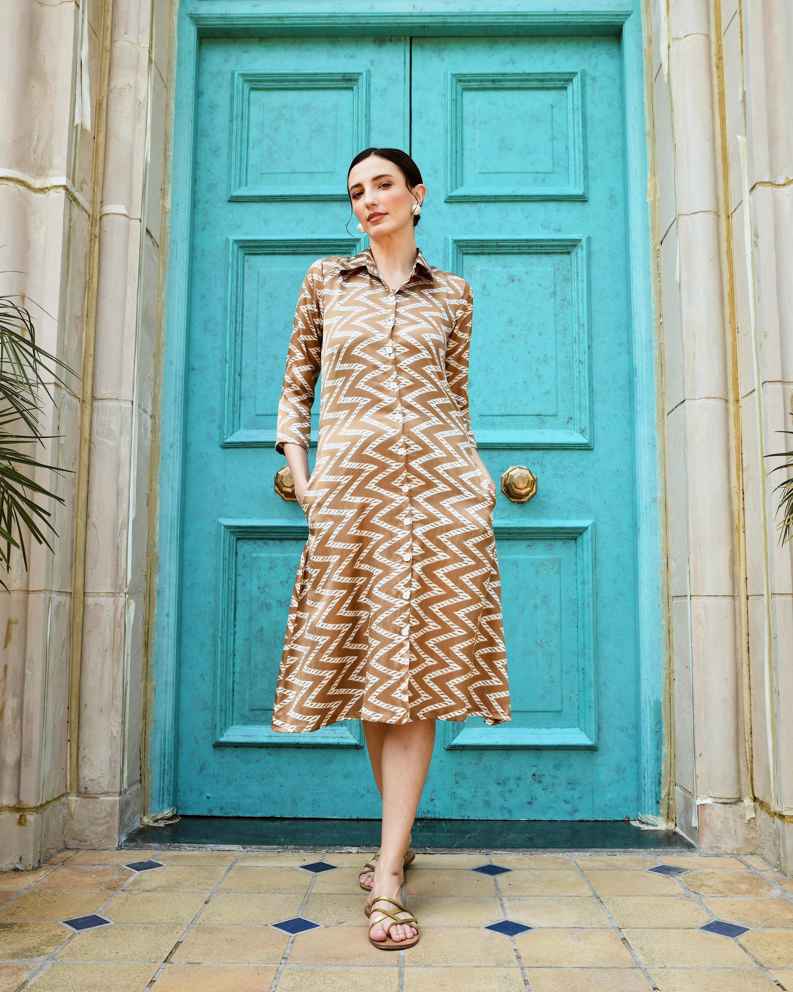 WOOD BROWN LONG ALINE SHIRT DRESS