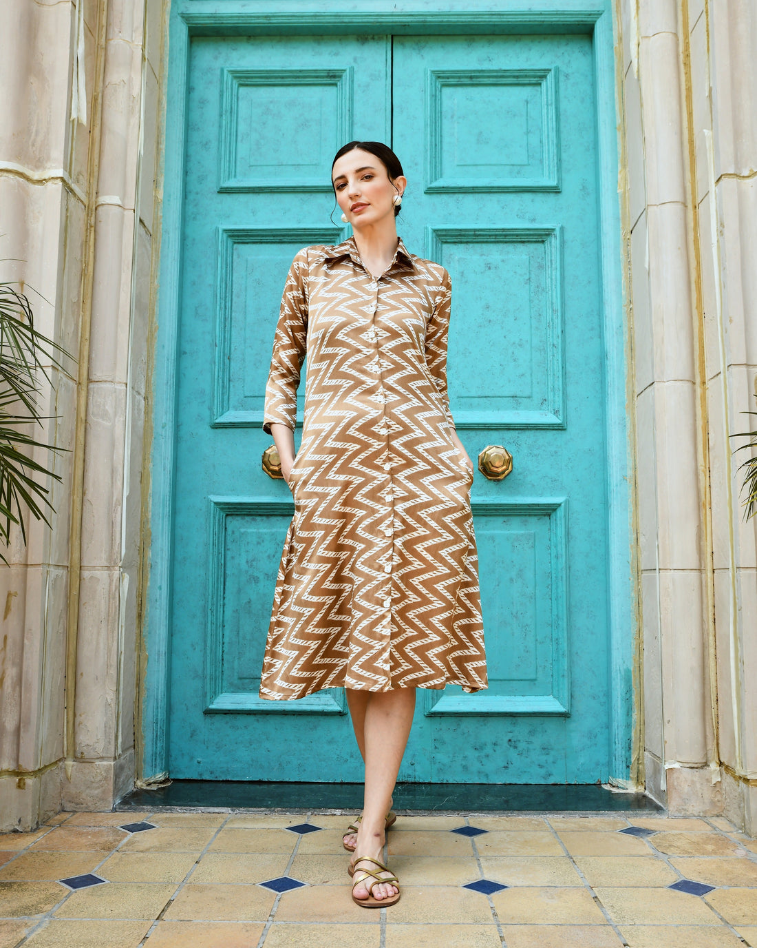 WOOD BROWN LONG ALINE SHIRT DRESS