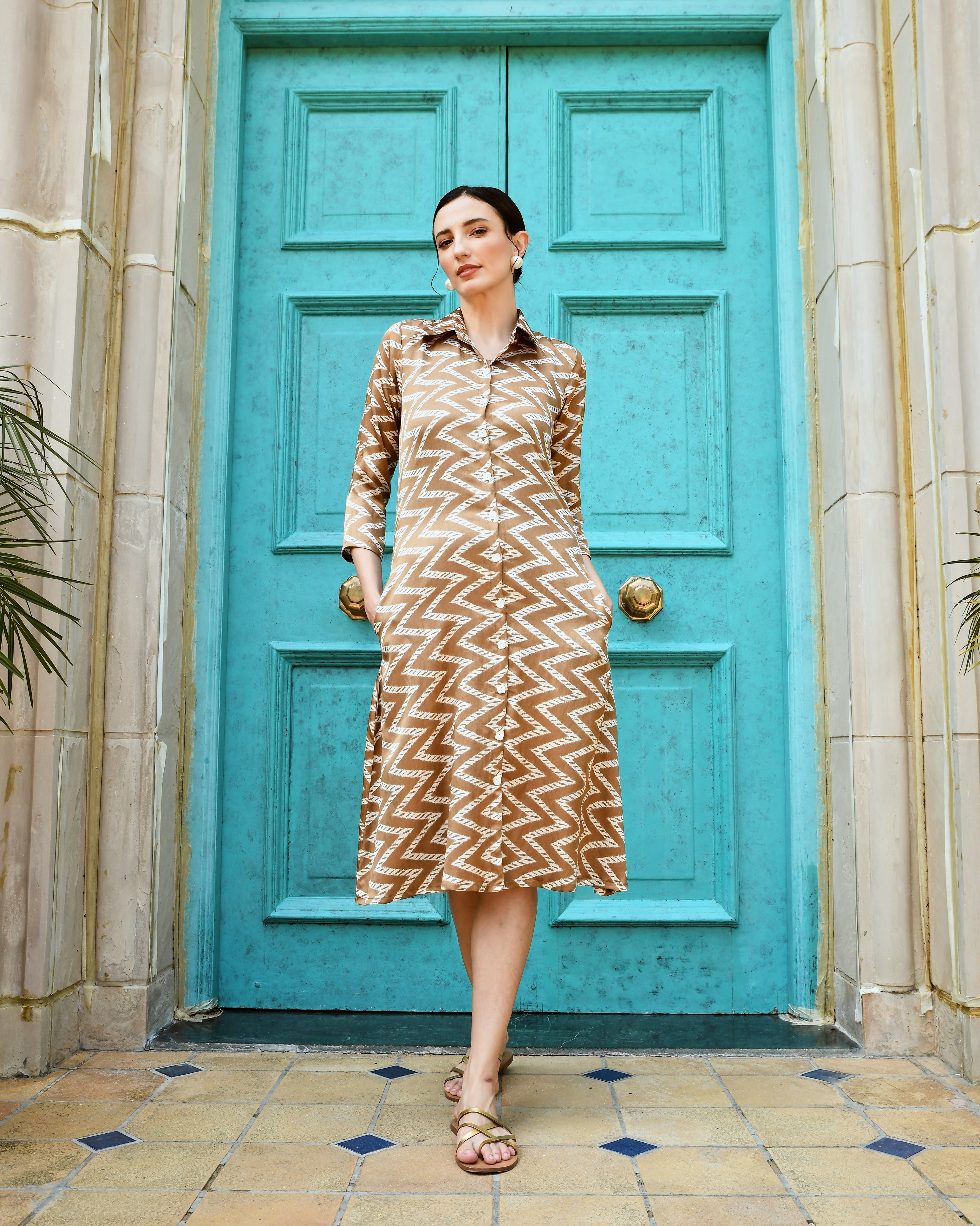 WOOD BROWN LONG ALINE SHIRT DRESS