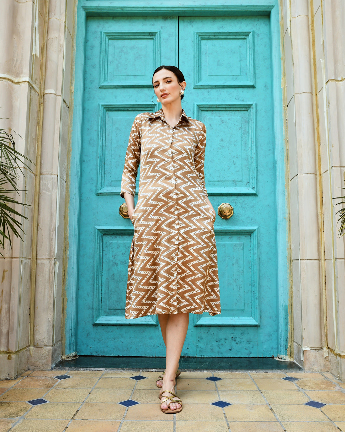 WOOD BROWN LONG ALINE SHIRT DRESS