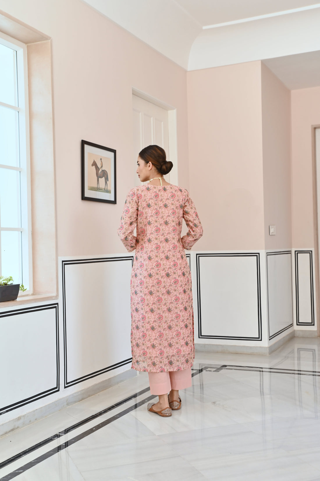 ROSE PINK GOTA PATTI NECK EMBROIDERY CHANDERI KURTA SET