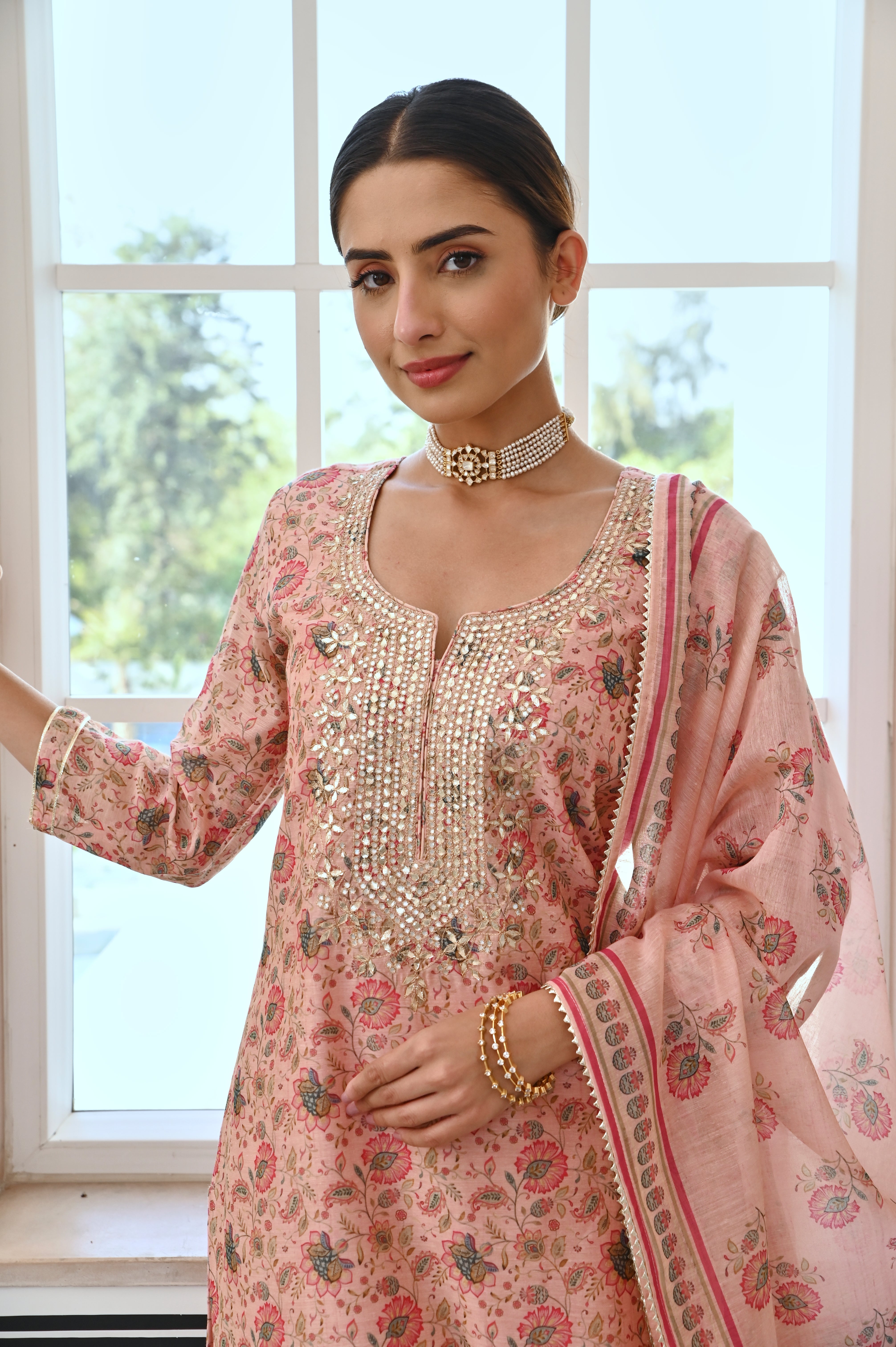 ROSE PINK GOTA PATTI NECK EMBROIDERY CHANDERI KURTA SET