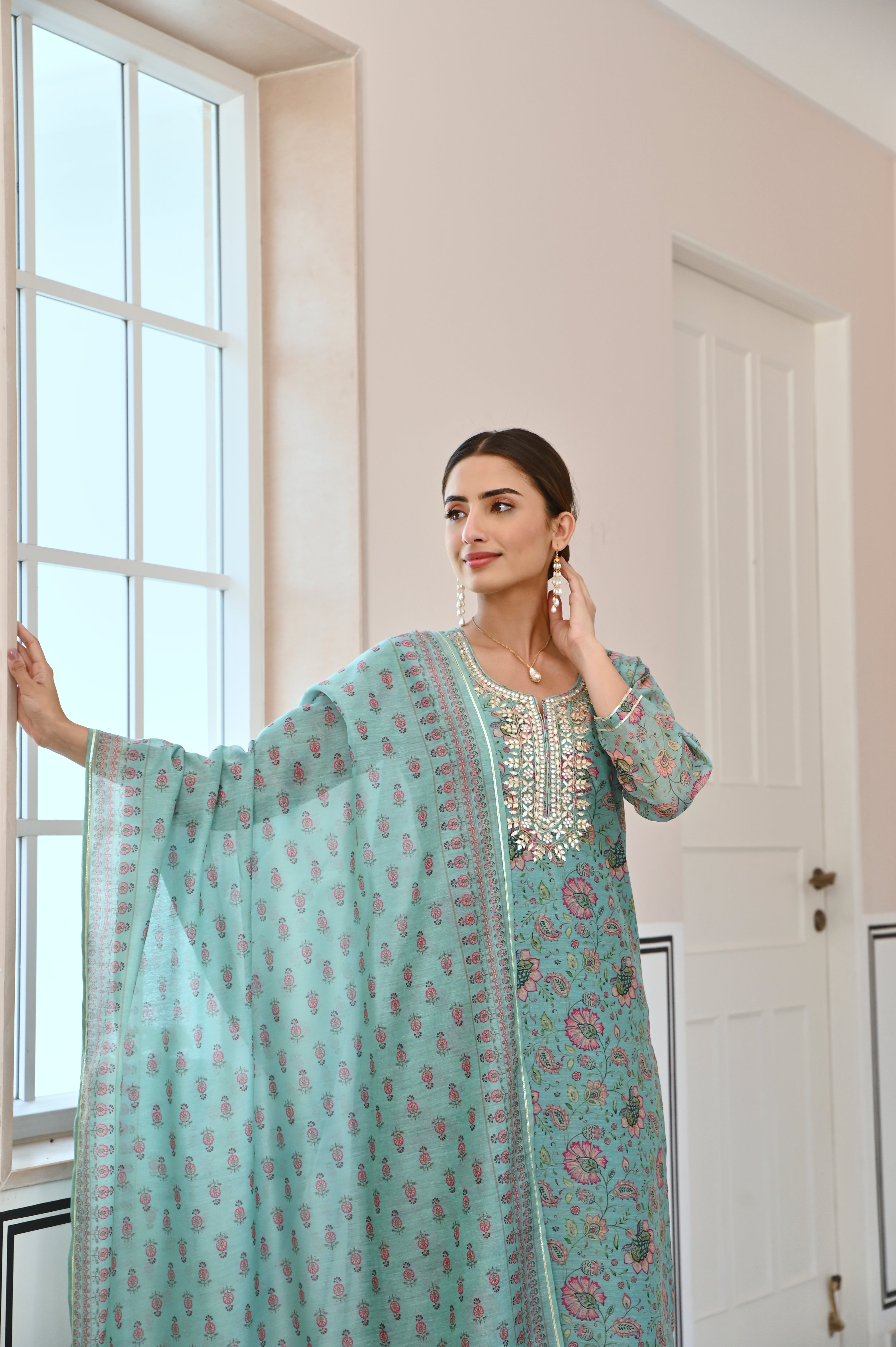 ICE BLUE NECK EMBROIDERED GOTA PATTI CHANDERI KURTA SET