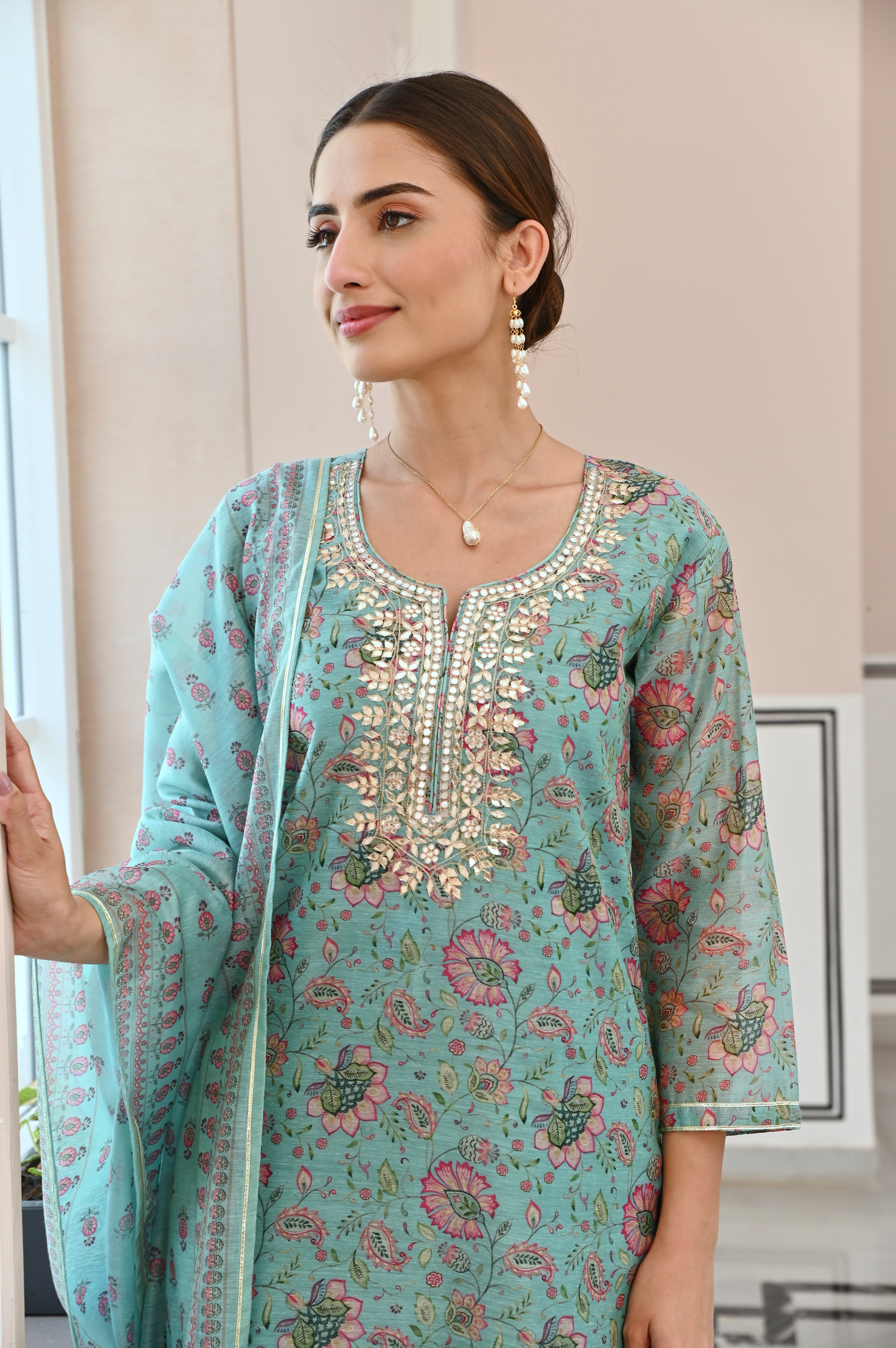 ICE BLUE NECK EMBROIDERED GOTA PATTI CHANDERI KURTA SET