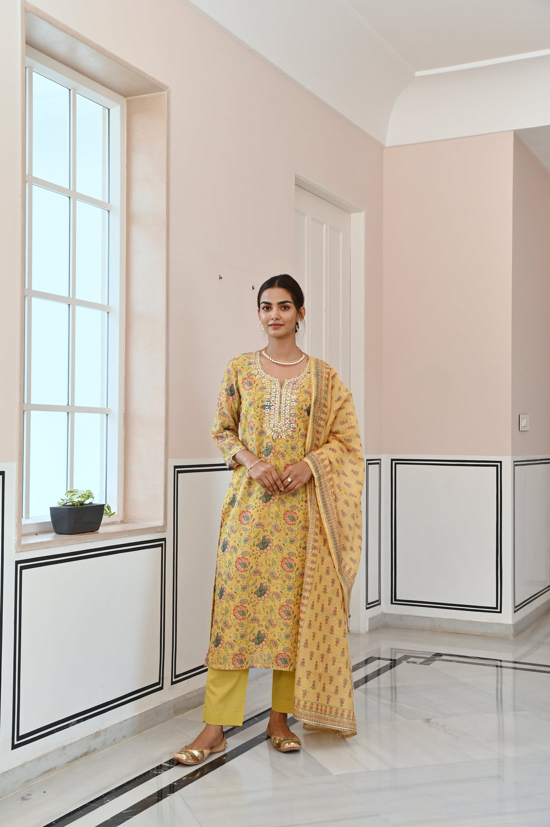 MUSTARD YELLOW NECK EMBROIDERED GOTA PATTI CHANDERI KURTA SET