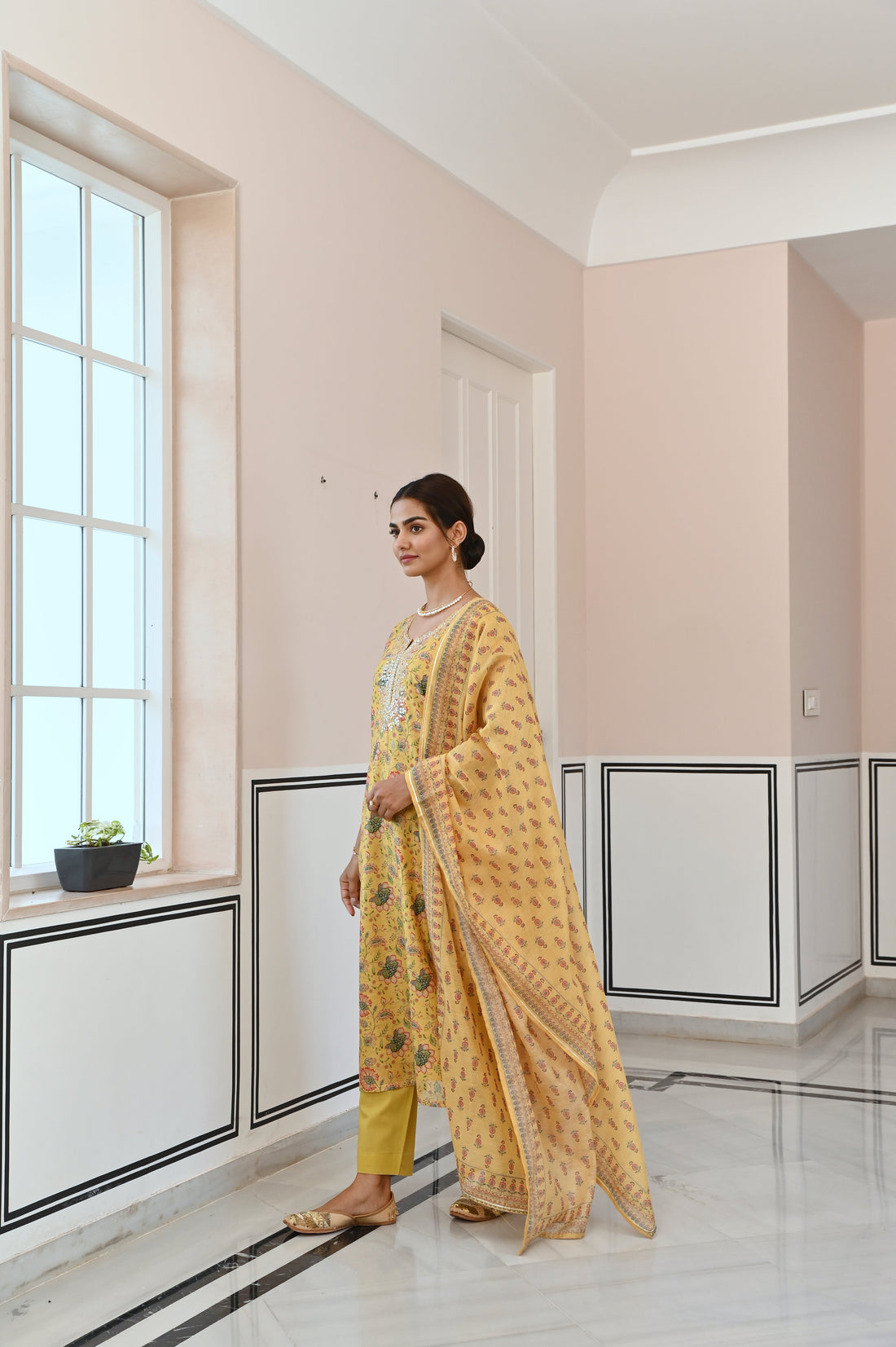 MUSTARD YELLOW NECK EMBROIDERED GOTA PATTI CHANDERI KURTA SET