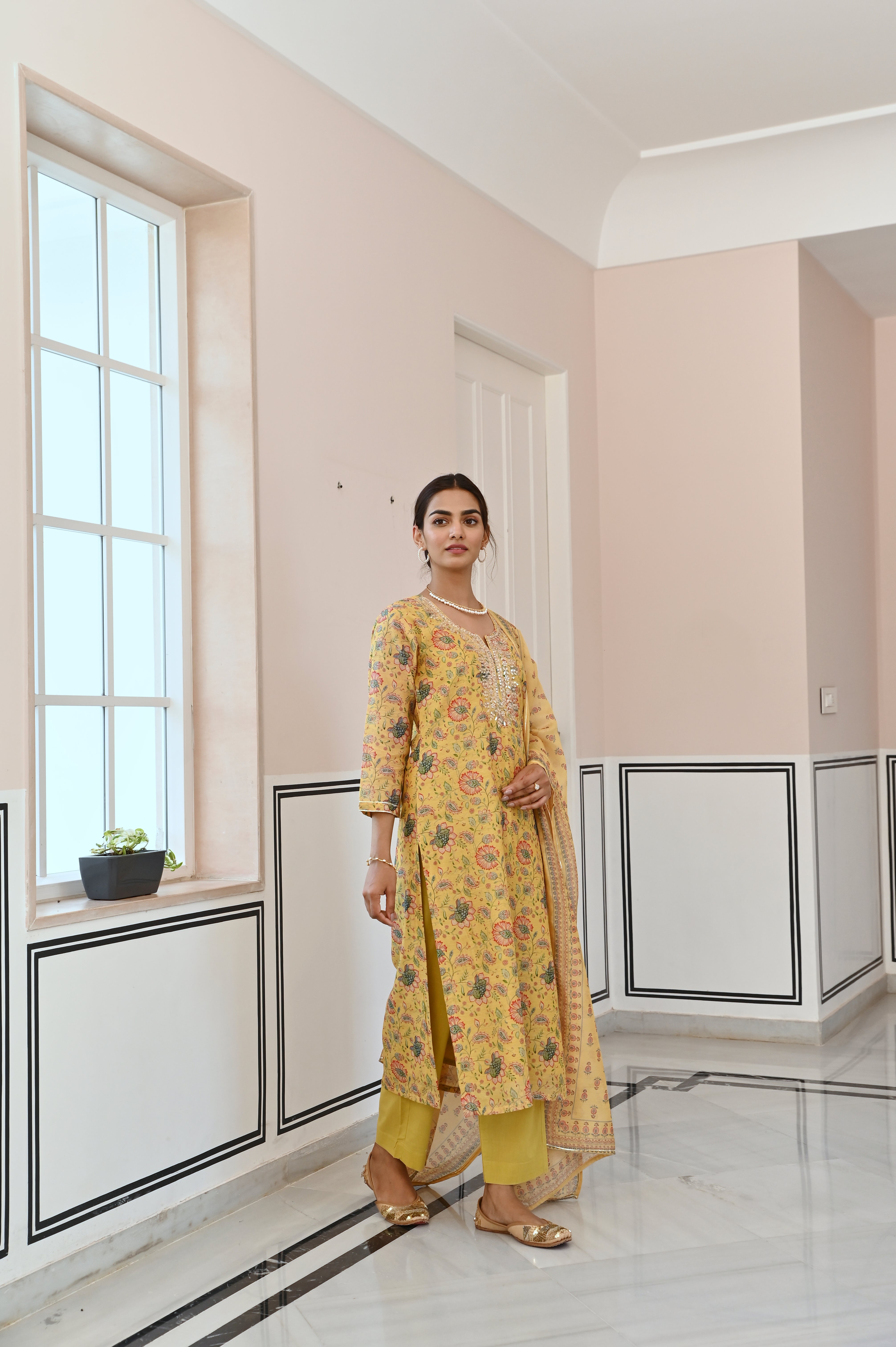 MUSTARD YELLOW NECK EMBROIDERED GOTA PATTI CHANDERI KURTA SET