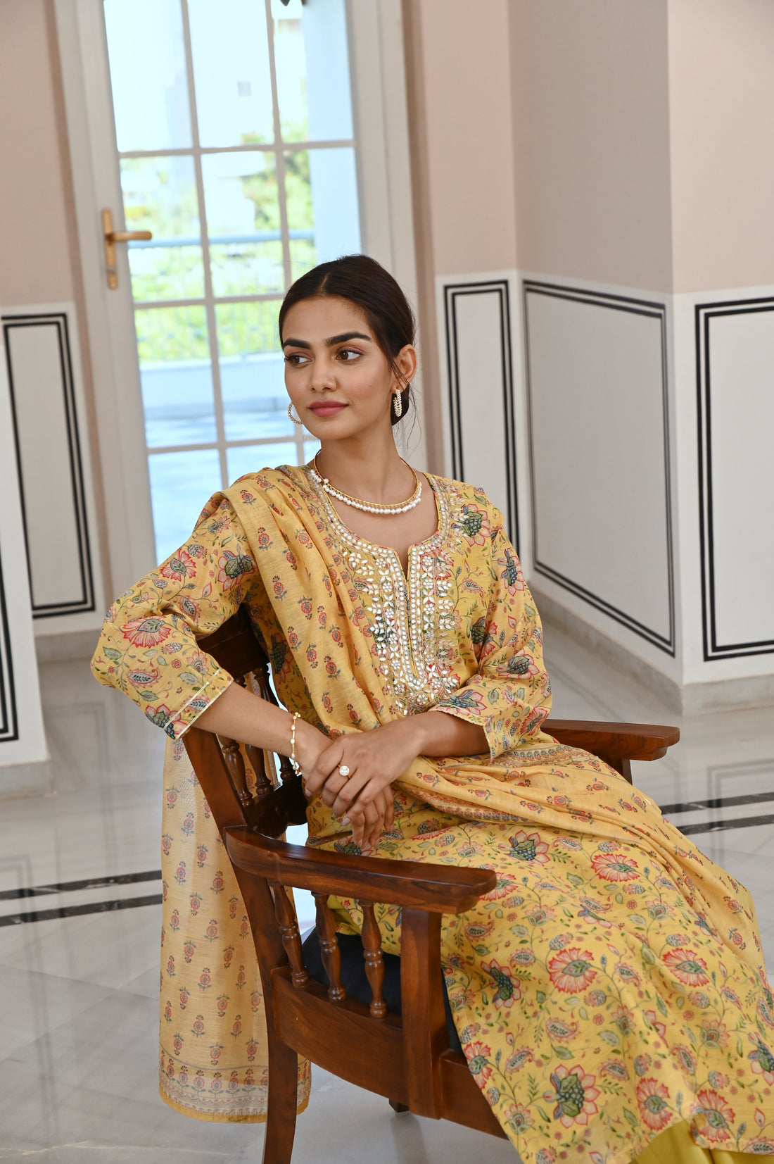 MUSTARD YELLOW NECK EMBROIDERED GOTA PATTI CHANDERI KURTA SET