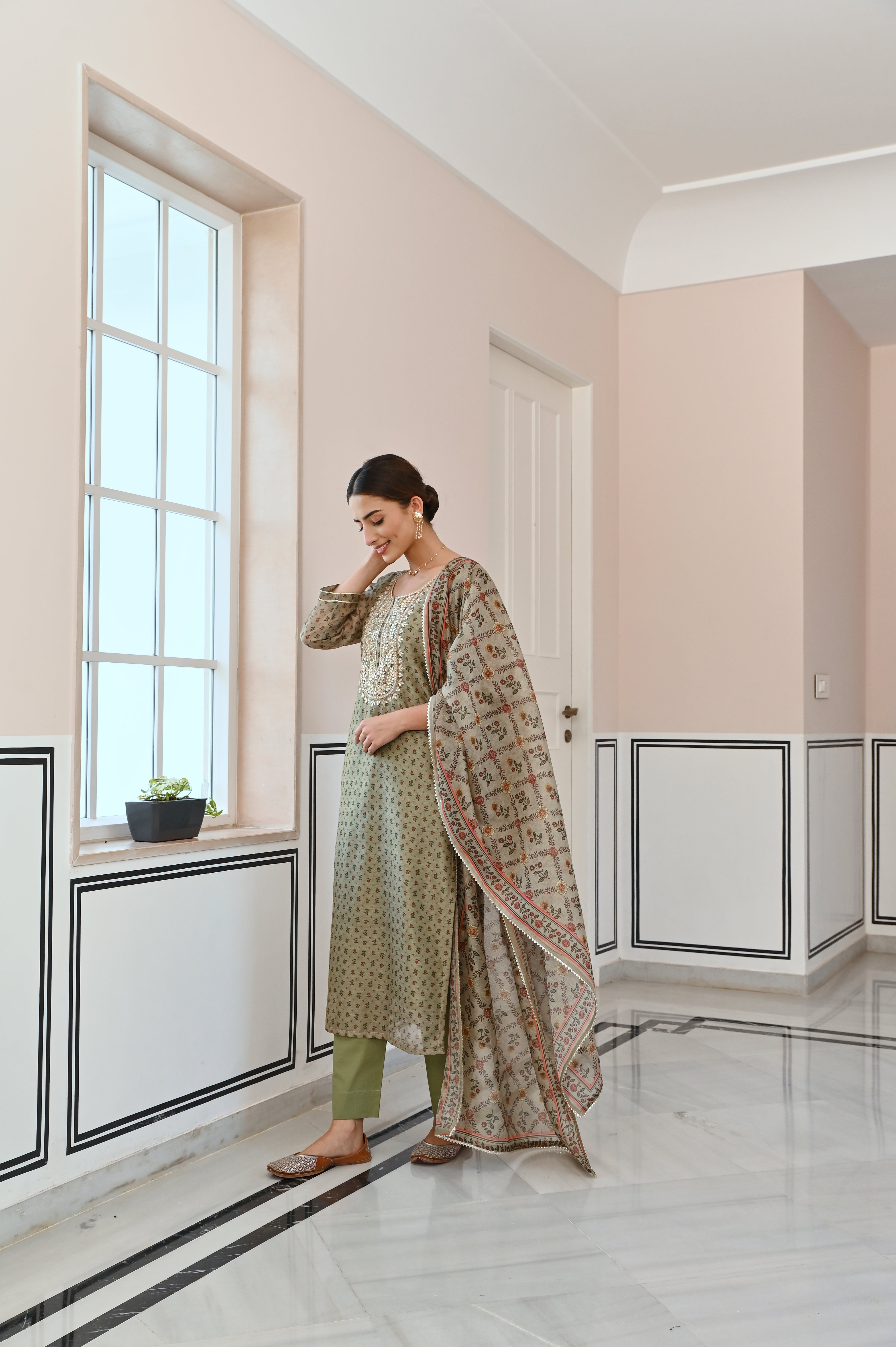 SAGE GREEN GOTA PATTI NECK EMBROIDERY CHANDERI KURTA SET