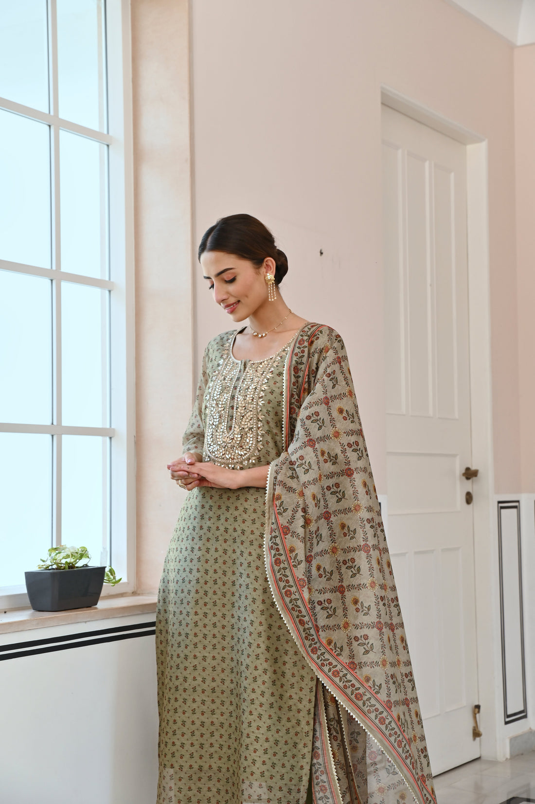 SAGE GREEN GOTA PATTI NECK EMBROIDERY CHANDERI KURTA SET
