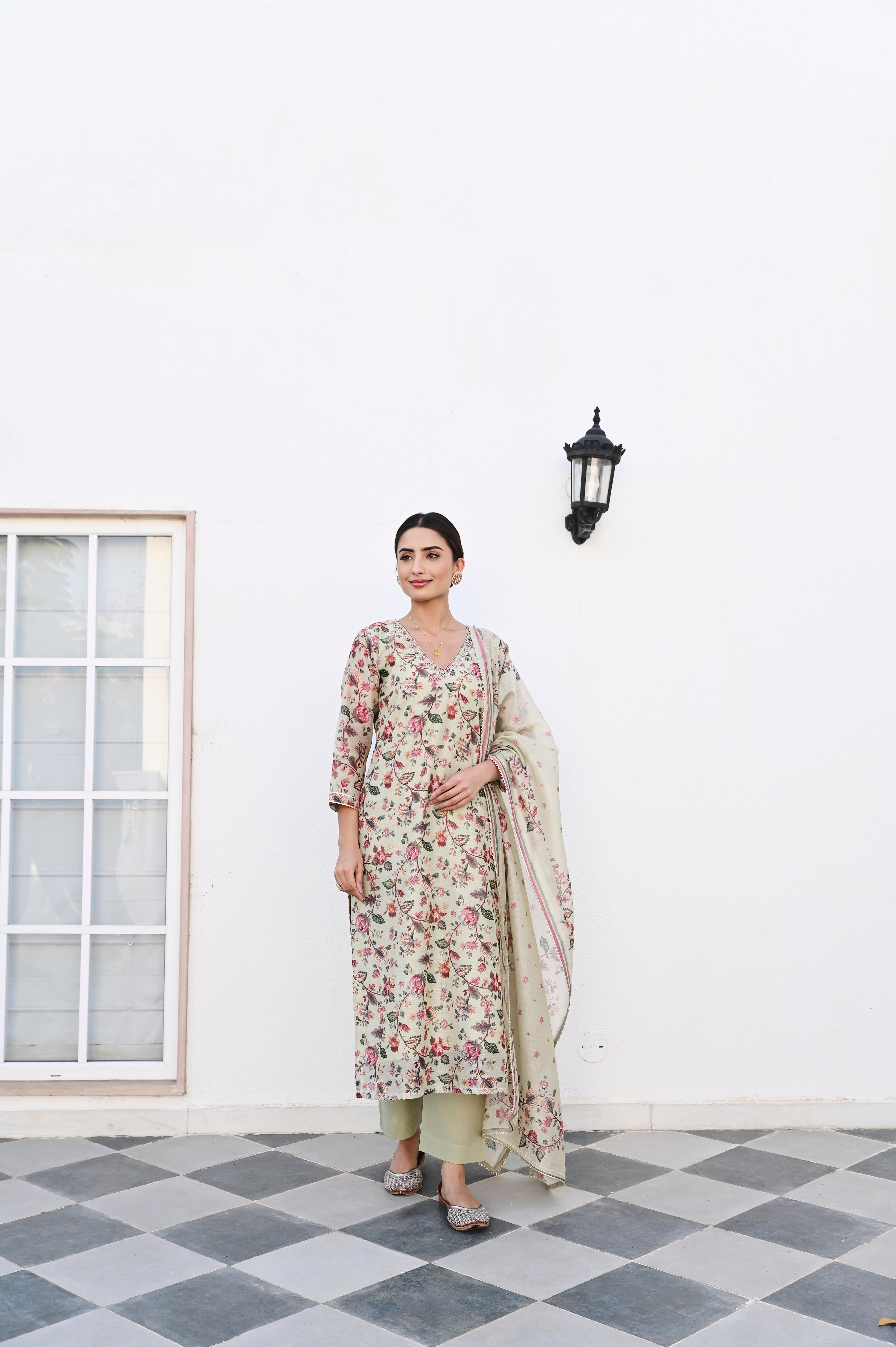PISTA GREEN NECK EMBROIDERED DIGITAL PRINT KURTA SET