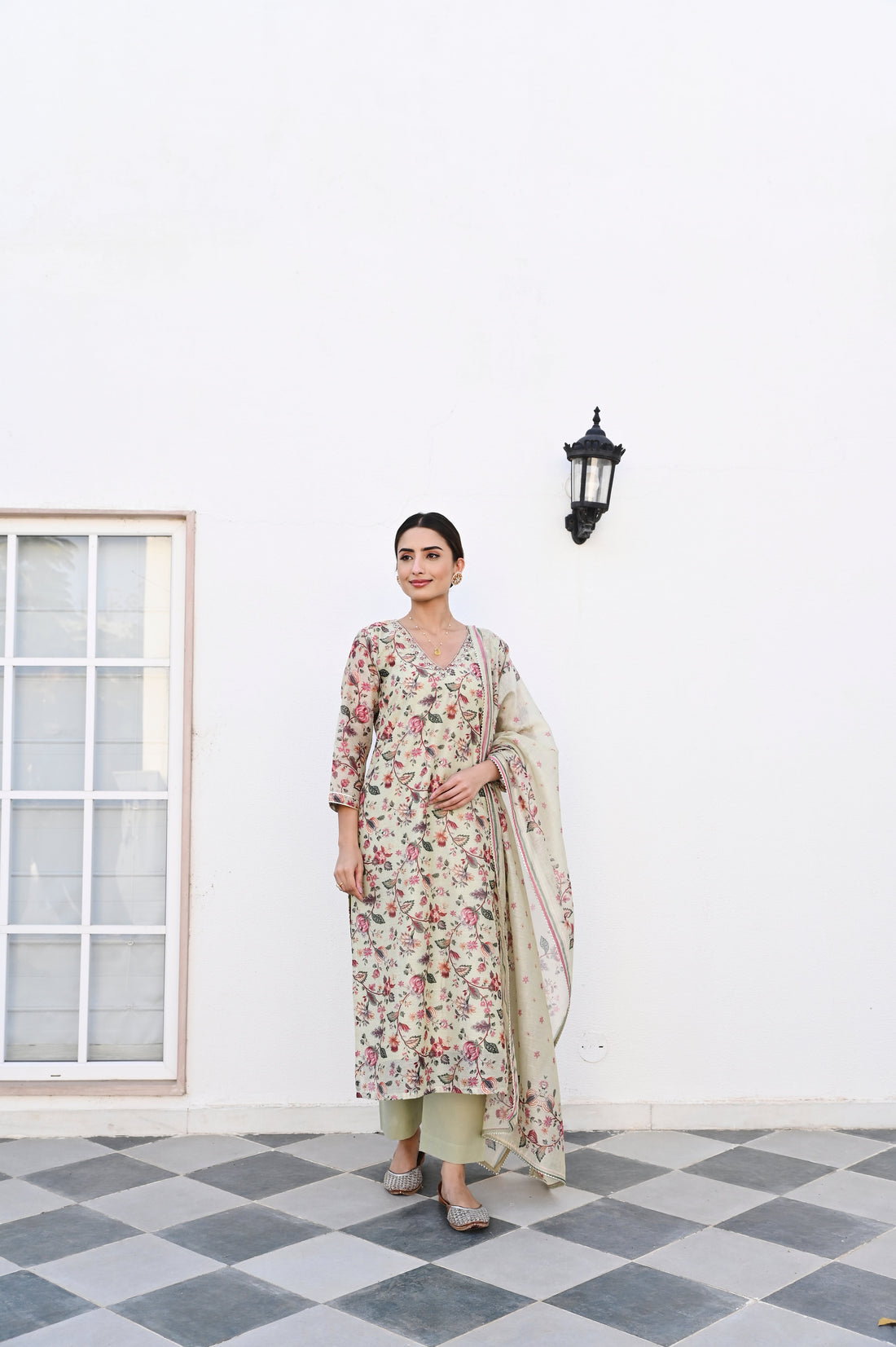 PISTA GREEN NECK EMBROIDERED DIGITAL PRINT KURTA SET