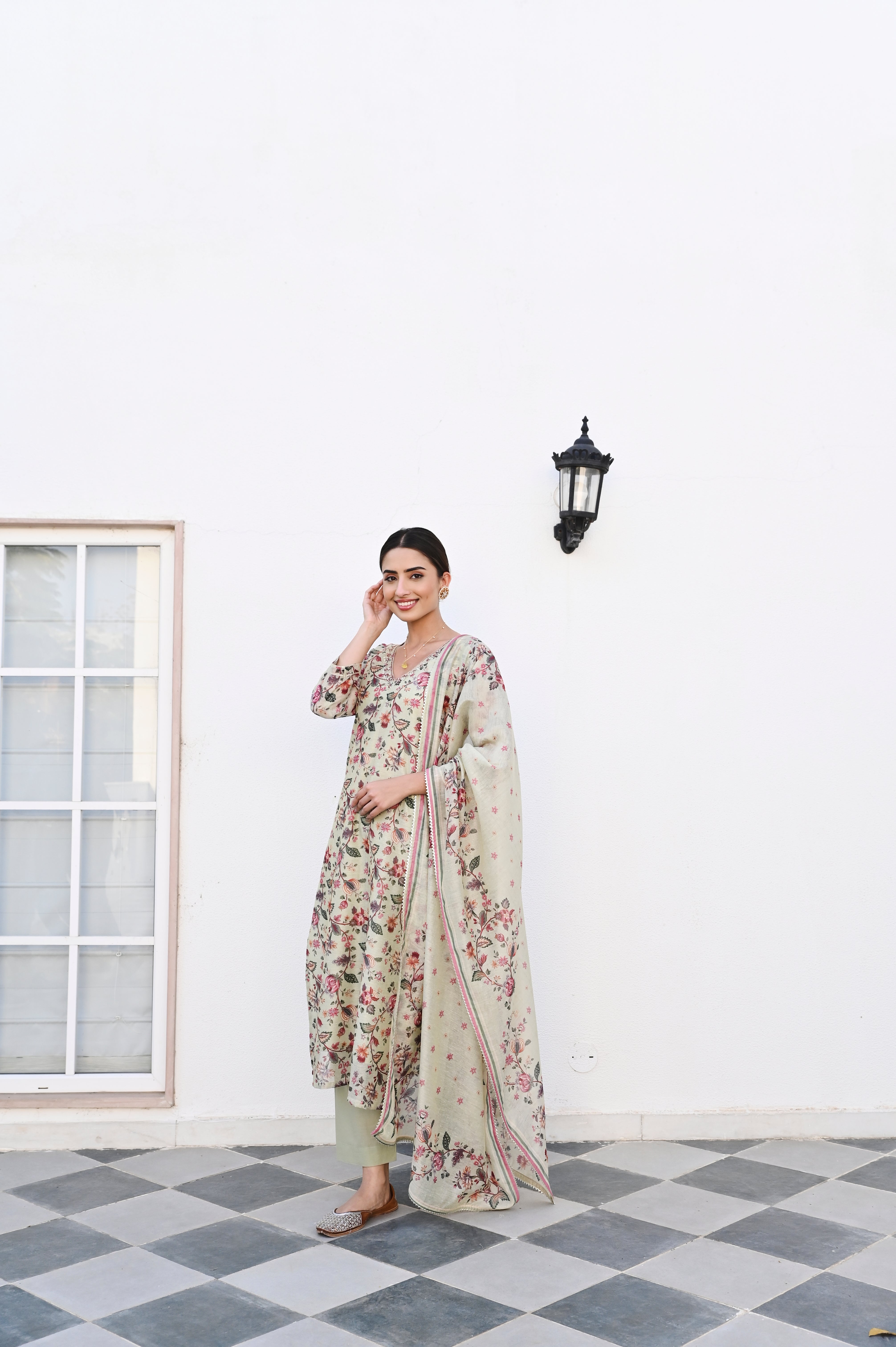 PISTA GREEN NECK EMBROIDERED DIGITAL PRINT KURTA SET