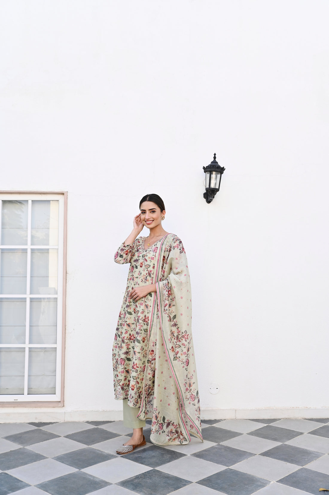 PISTA GREEN NECK EMBROIDERED DIGITAL PRINT KURTA SET