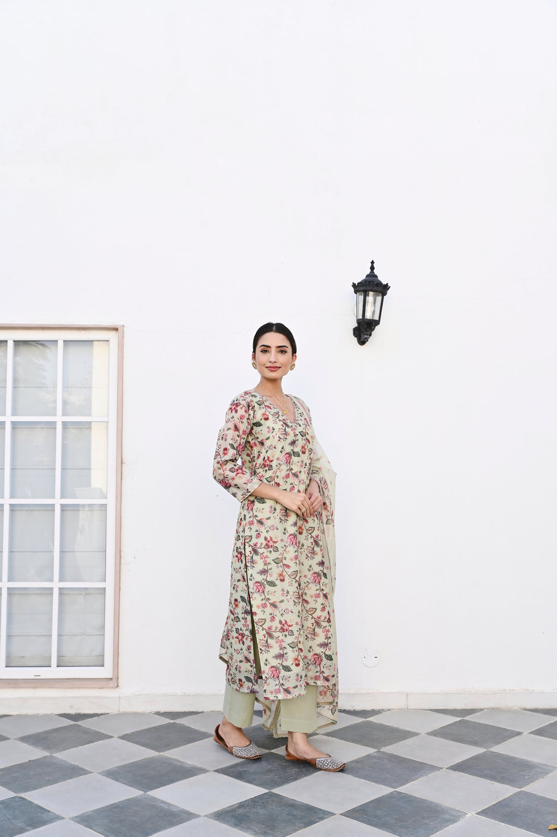 PISTA GREEN NECK EMBROIDERED DIGITAL PRINT KURTA SET