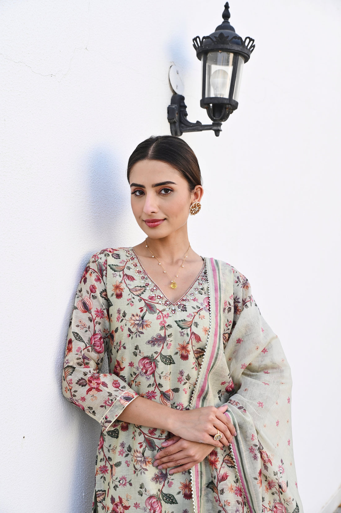 PISTA GREEN NECK EMBROIDERED DIGITAL PRINT KURTA SET