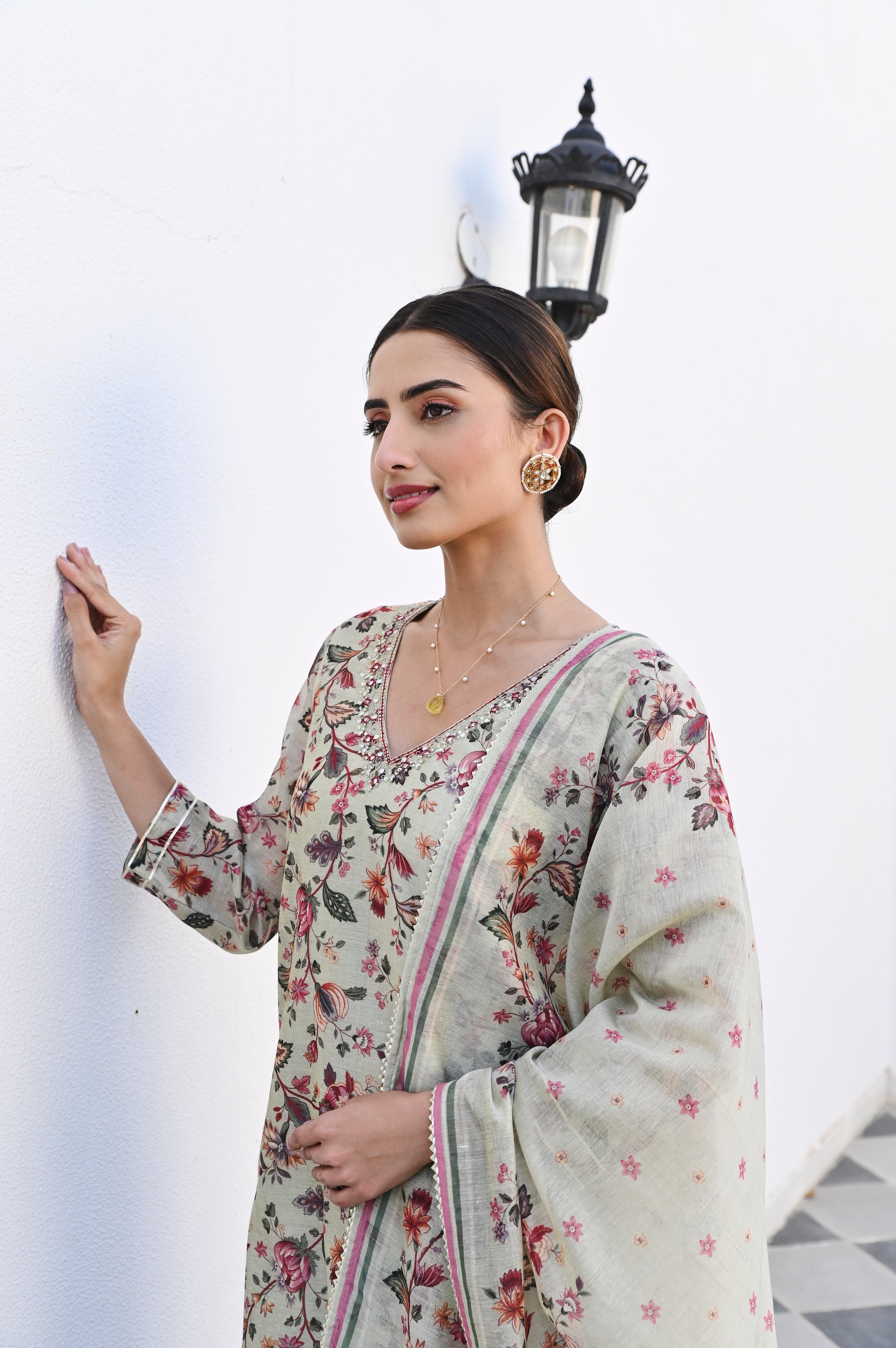 PISTA GREEN NECK EMBROIDERED DIGITAL PRINT KURTA SET