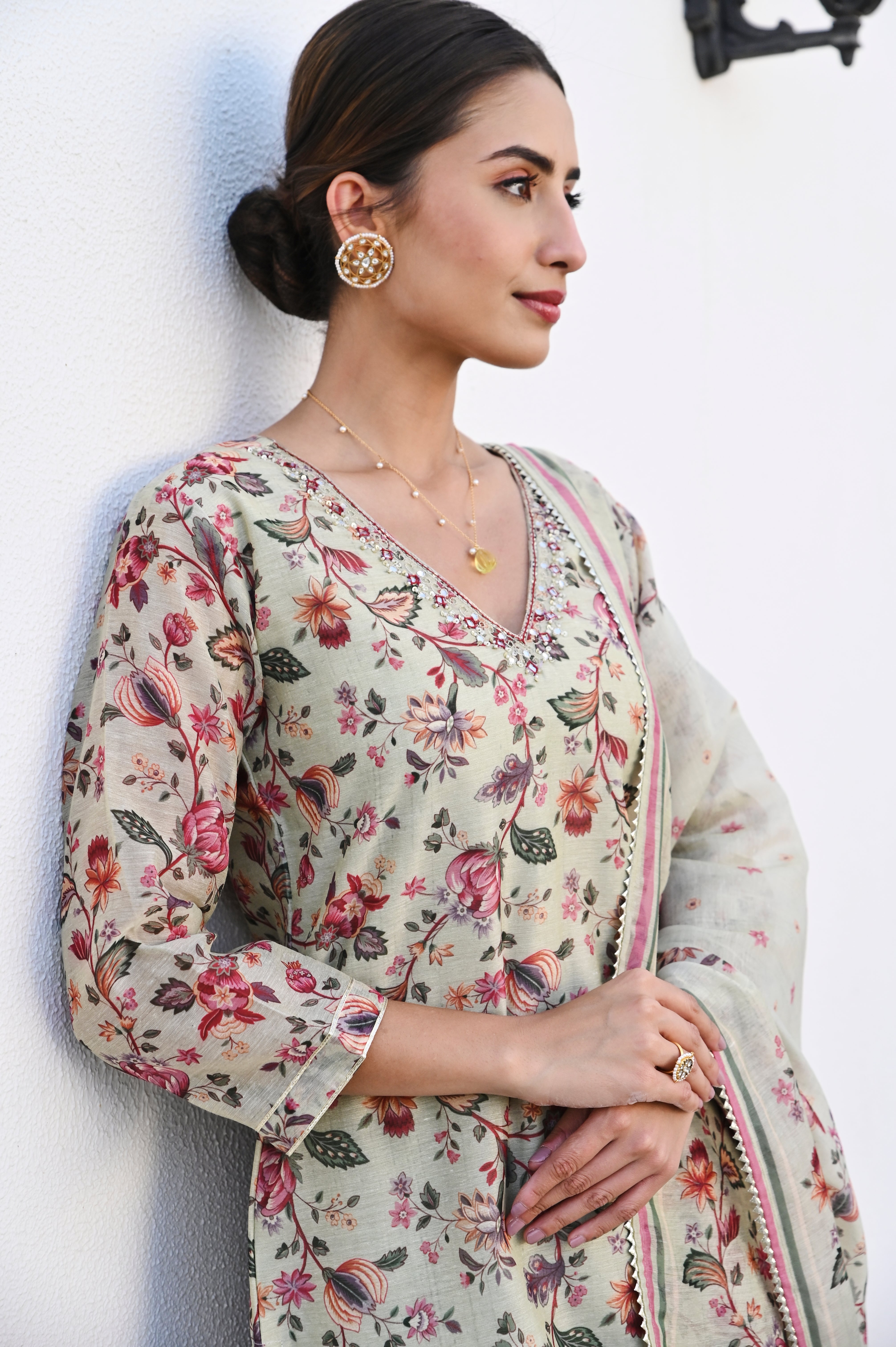 PISTA GREEN NECK EMBROIDERED DIGITAL PRINT KURTA SET