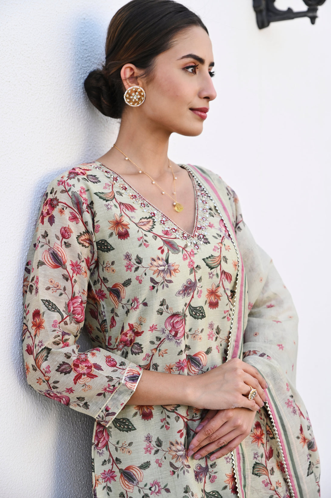 PISTA GREEN NECK EMBROIDERED DIGITAL PRINT KURTA SET