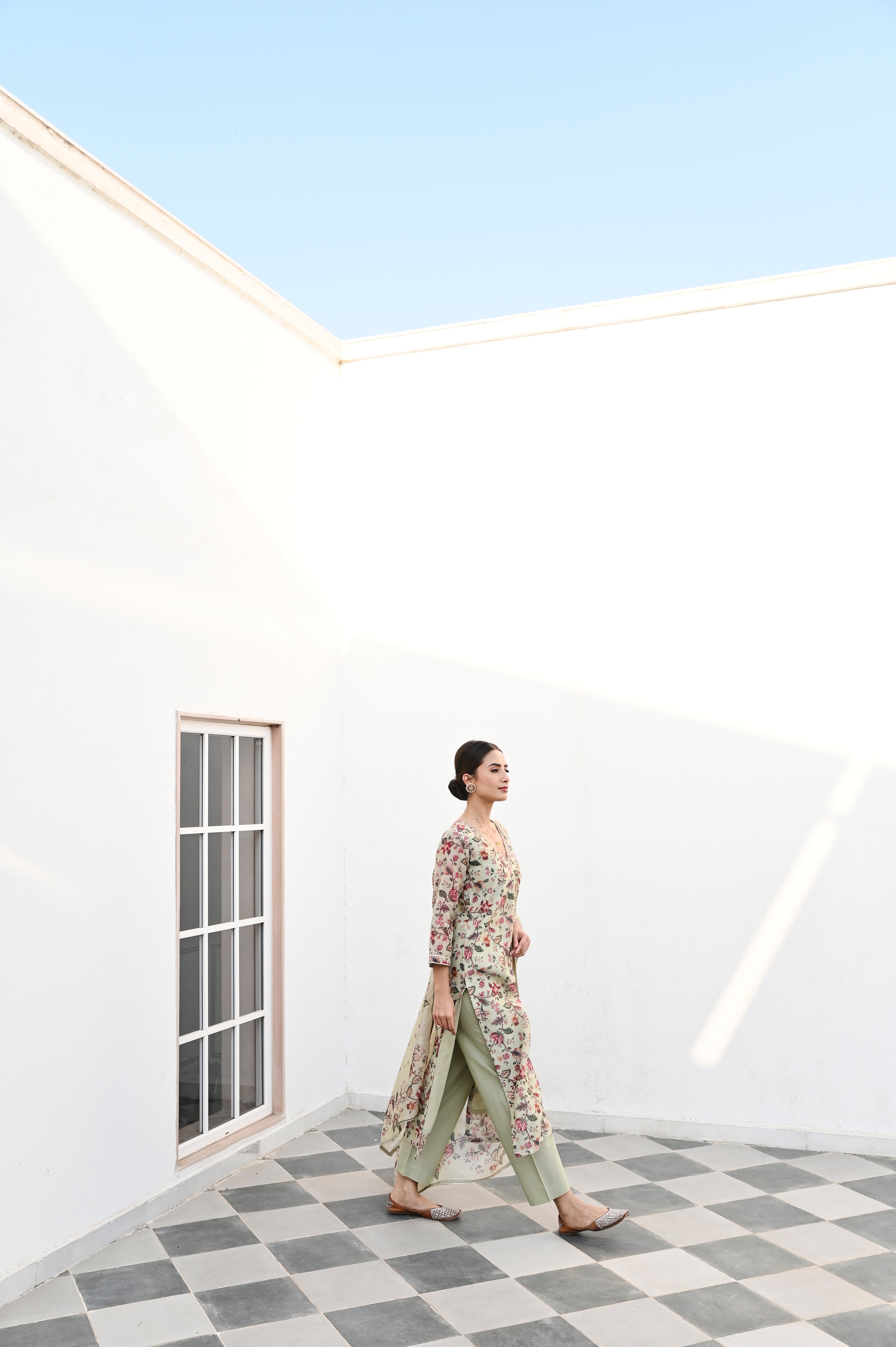 PISTA GREEN NECK EMBROIDERED DIGITAL PRINT KURTA SET