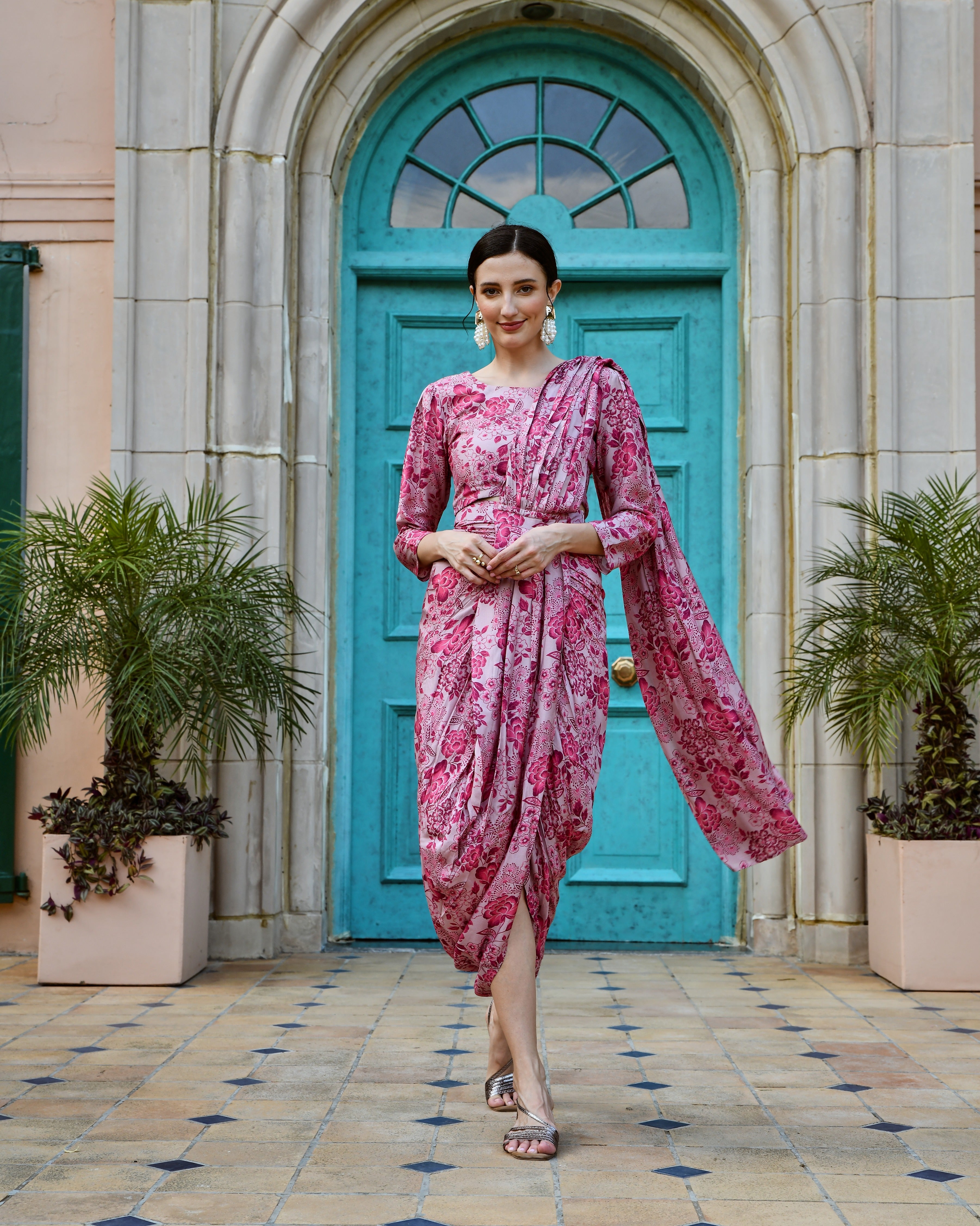 ROUGE PINK MUSLIN PRE-DRAPED SAREE