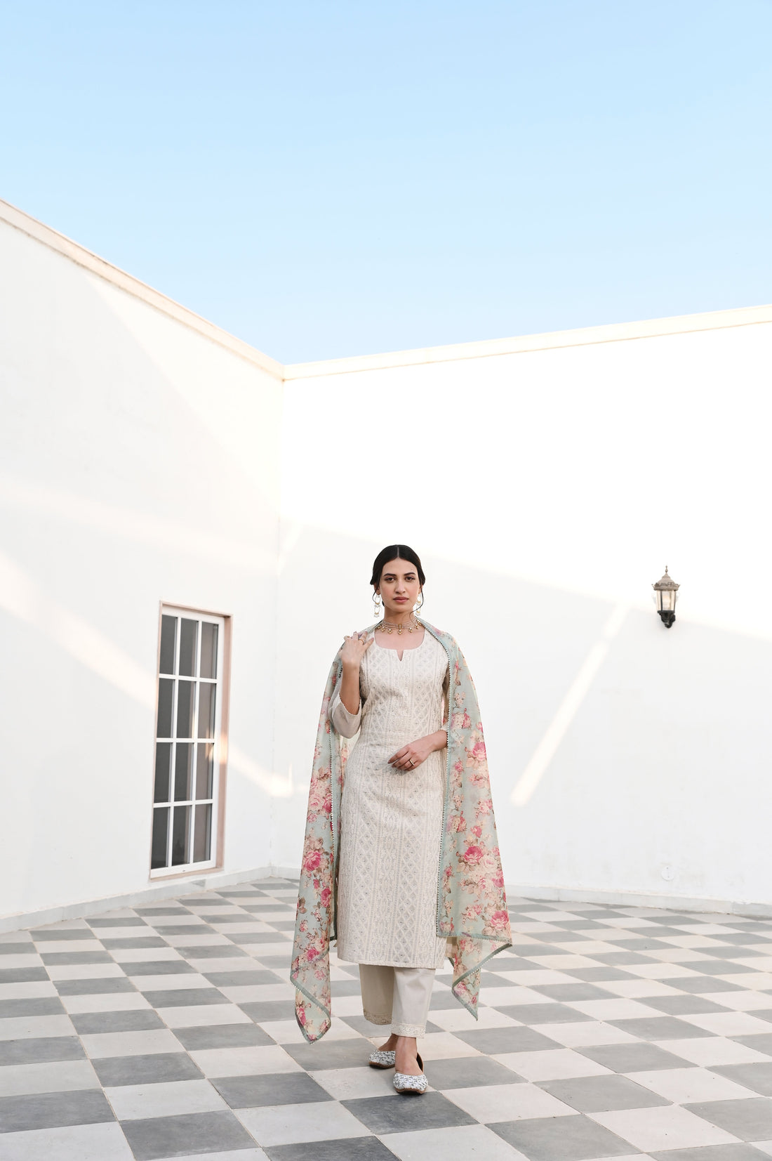 OFF WHITE CHIKANKARI CHANDERI KURTA SET