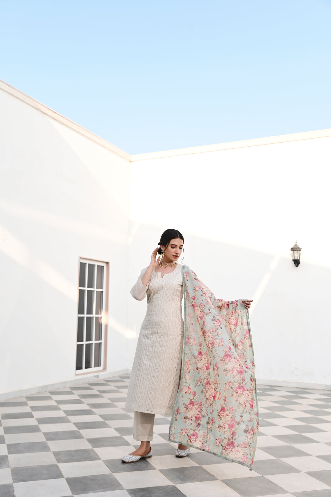 OFF WHITE CHIKANKARI CHANDERI KURTA SET