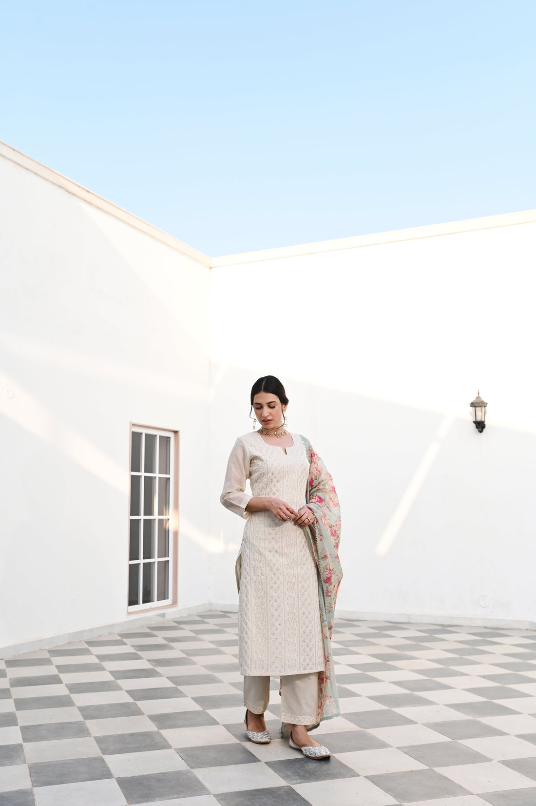 OFF WHITE CHIKANKARI CHANDERI KURTA SET