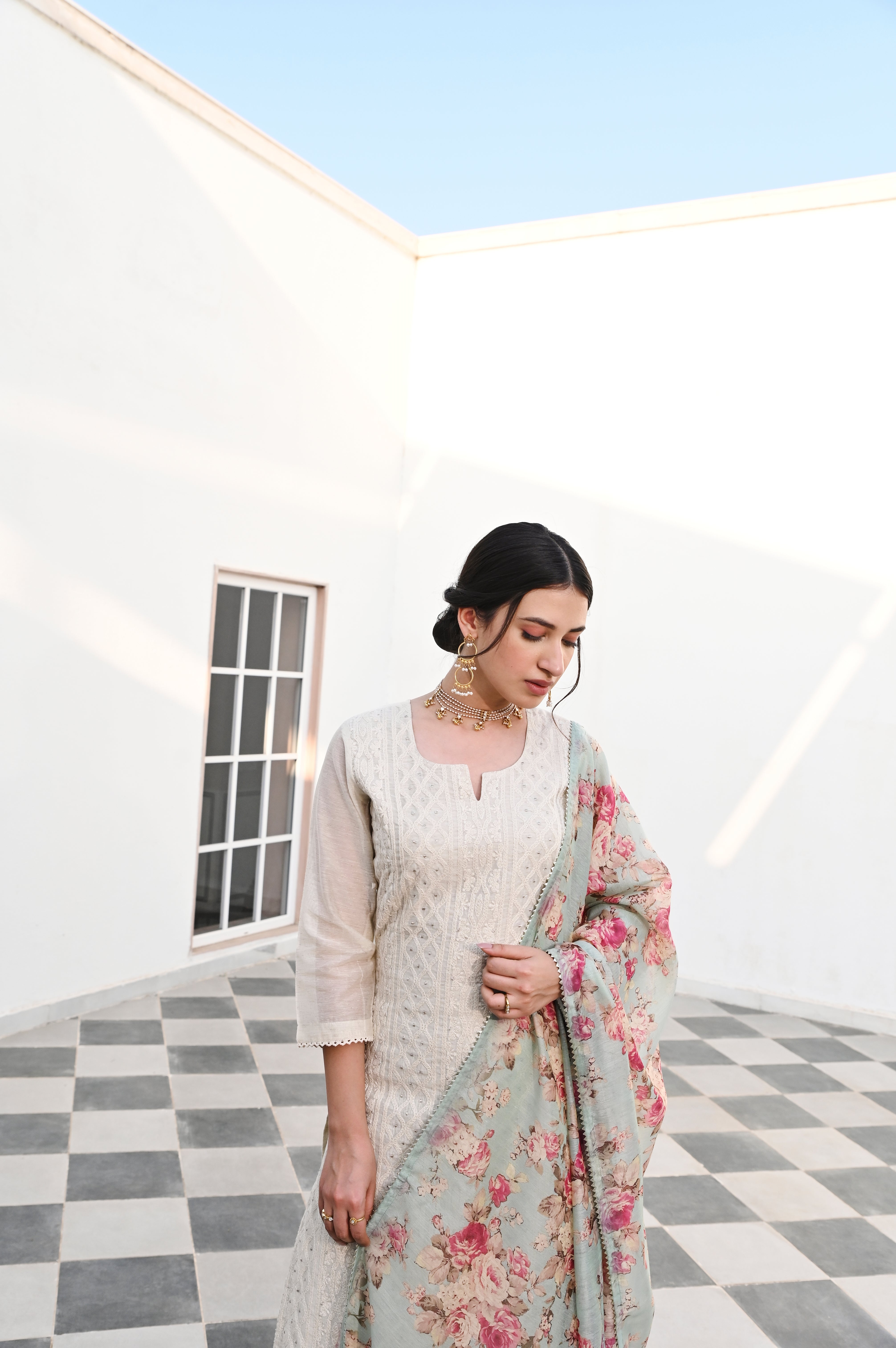 OFF WHITE CHIKANKARI CHANDERI KURTA SET