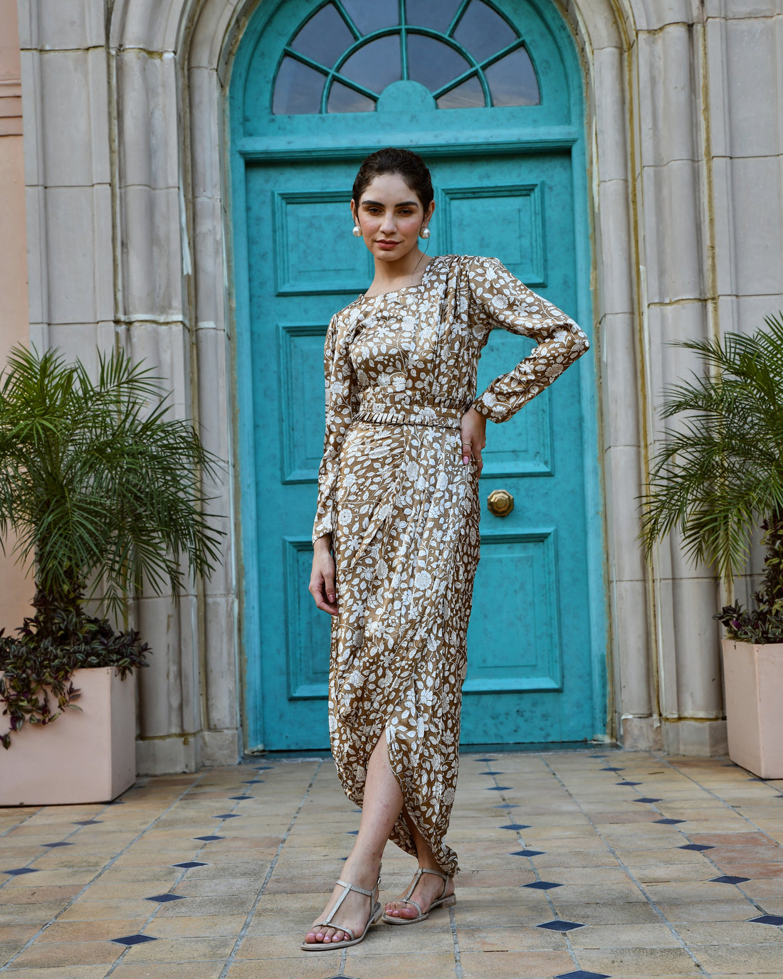 WOOD BROWN GAZI SILK PRE-DRAPED  SAREE