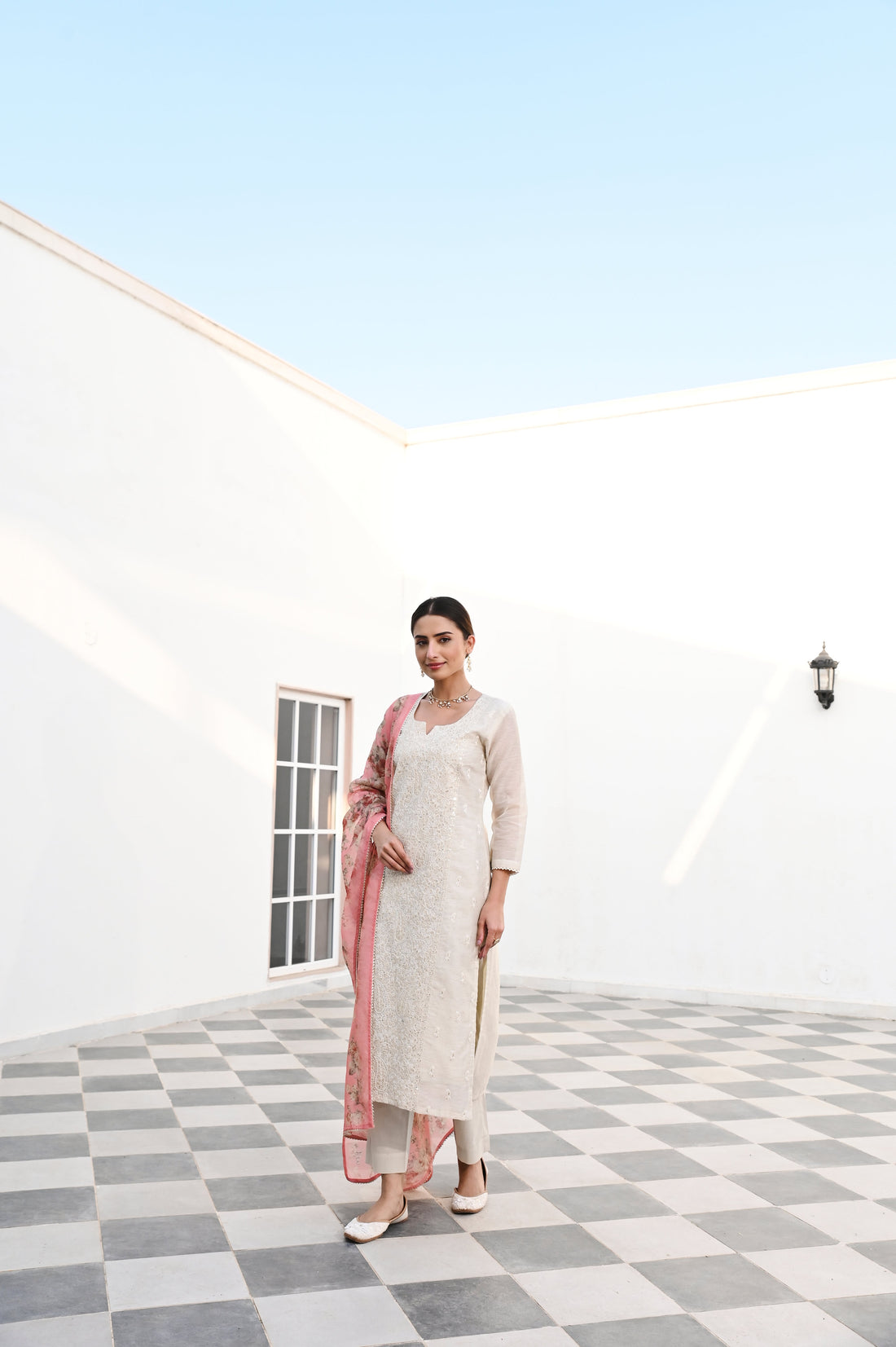 OFF WHITE CHIKANKARI JUTE CHANDERI KURTA SET