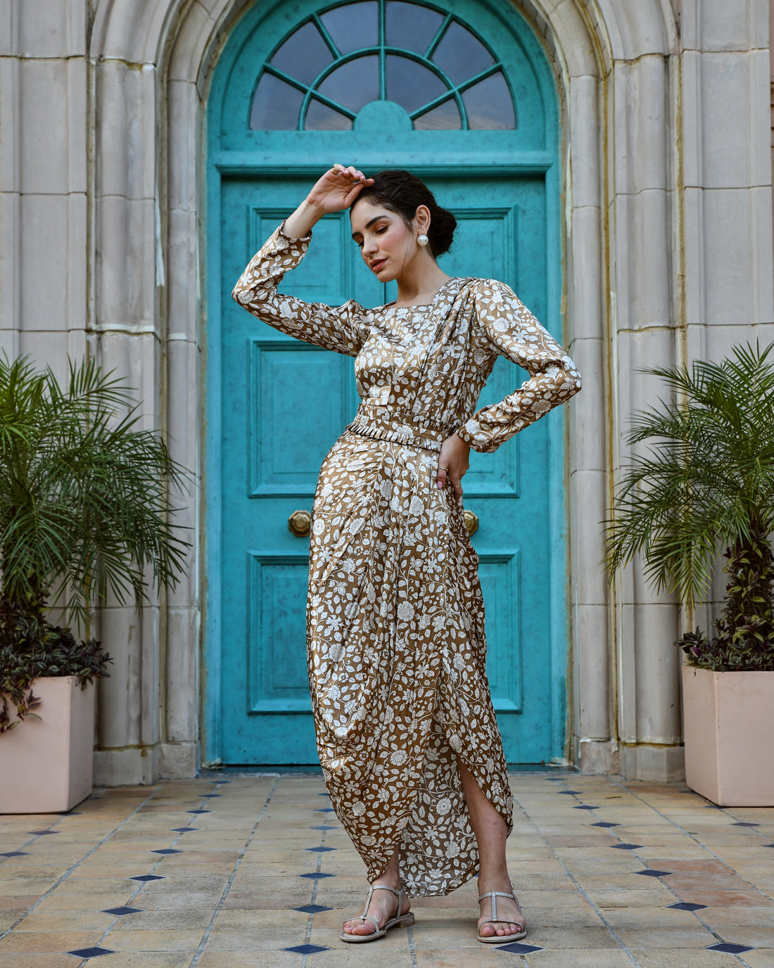 WOOD BROWN GAZI SILK PRE-DRAPED  SAREE
