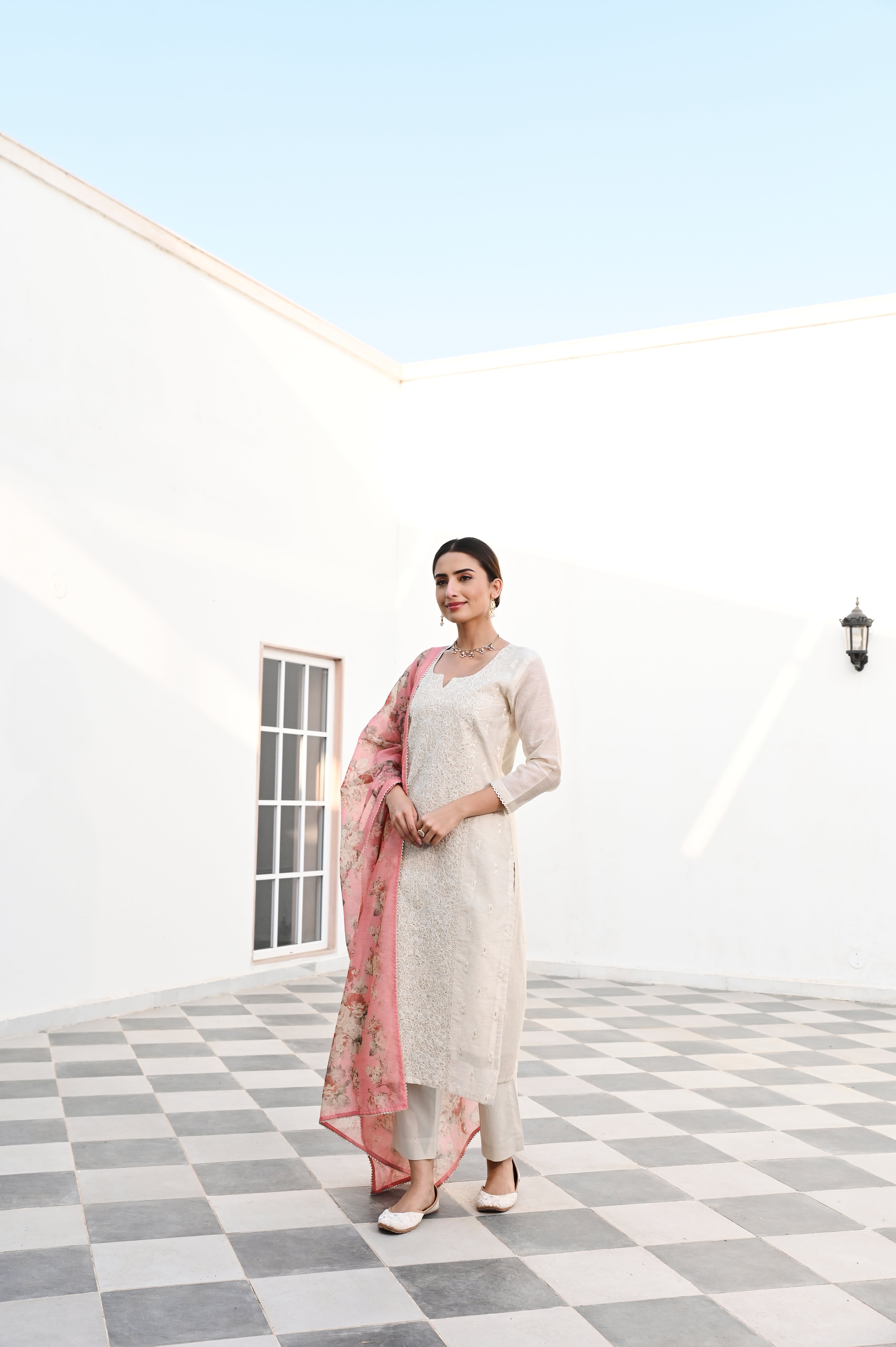 OFF WHITE CHIKANKARI JUTE CHANDERI KURTA SET