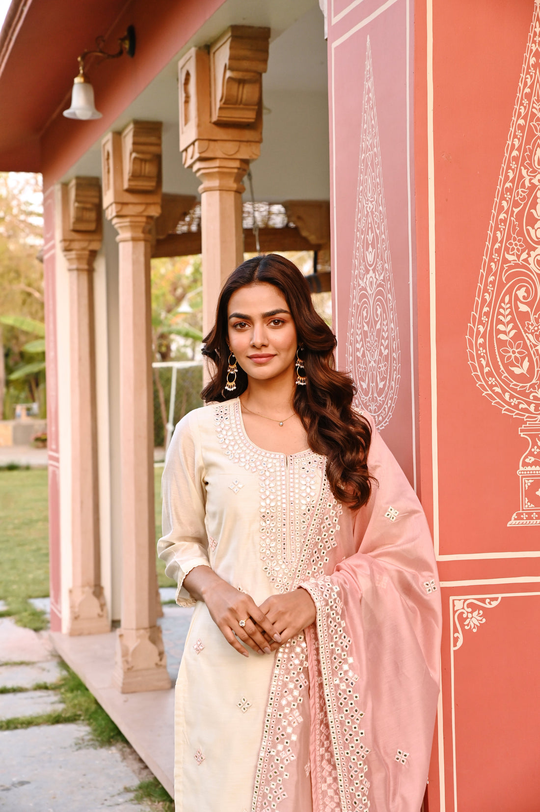 CREAM & PINK EMBROIDERED KURTA SET