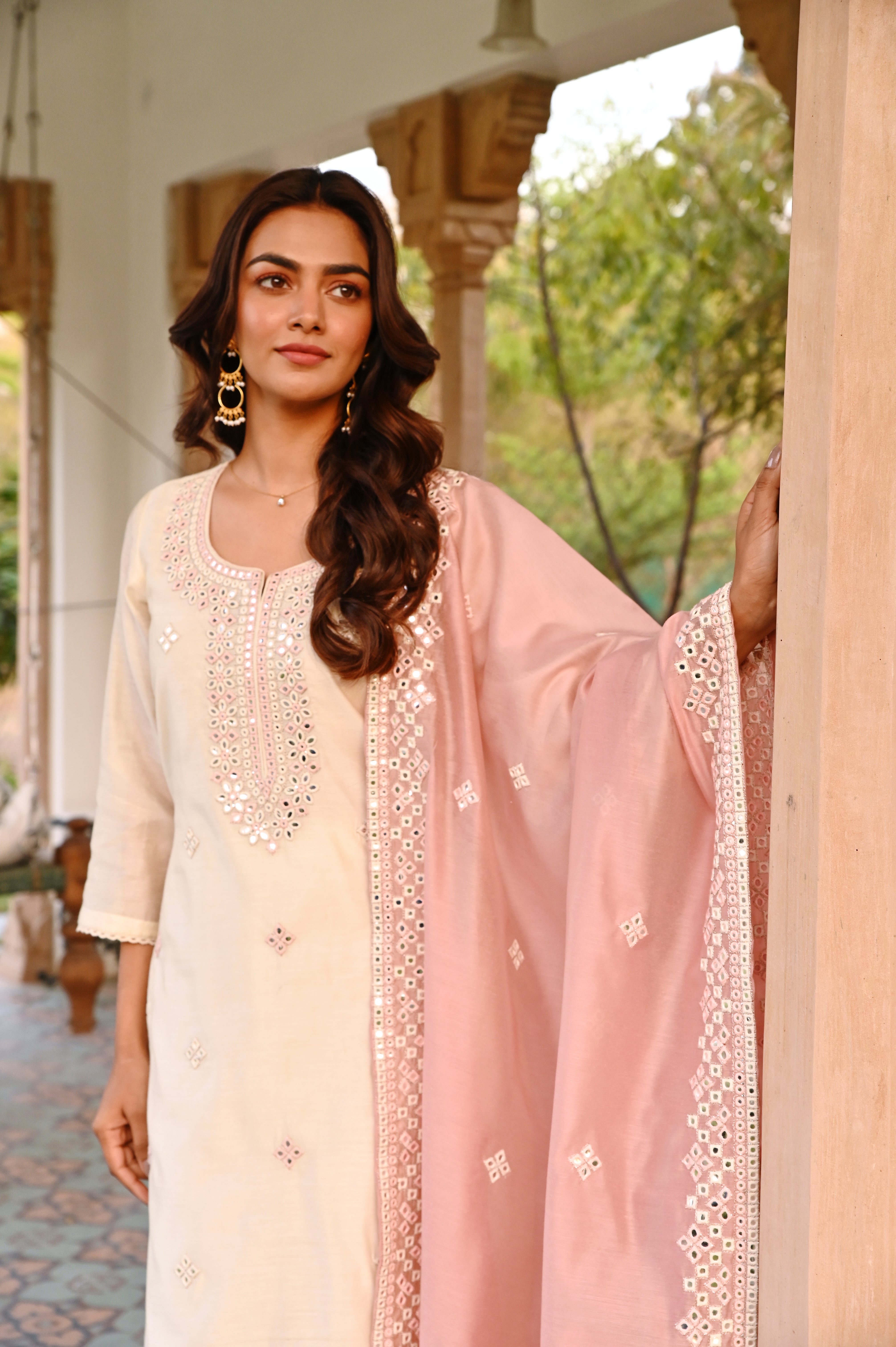 CREAM & PINK EMBROIDERED KURTA SET