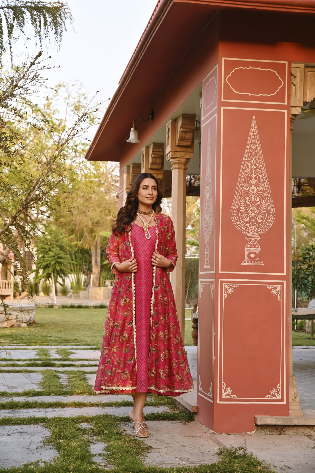 CRIMSON PINK JACKET CHANDERI DRESS