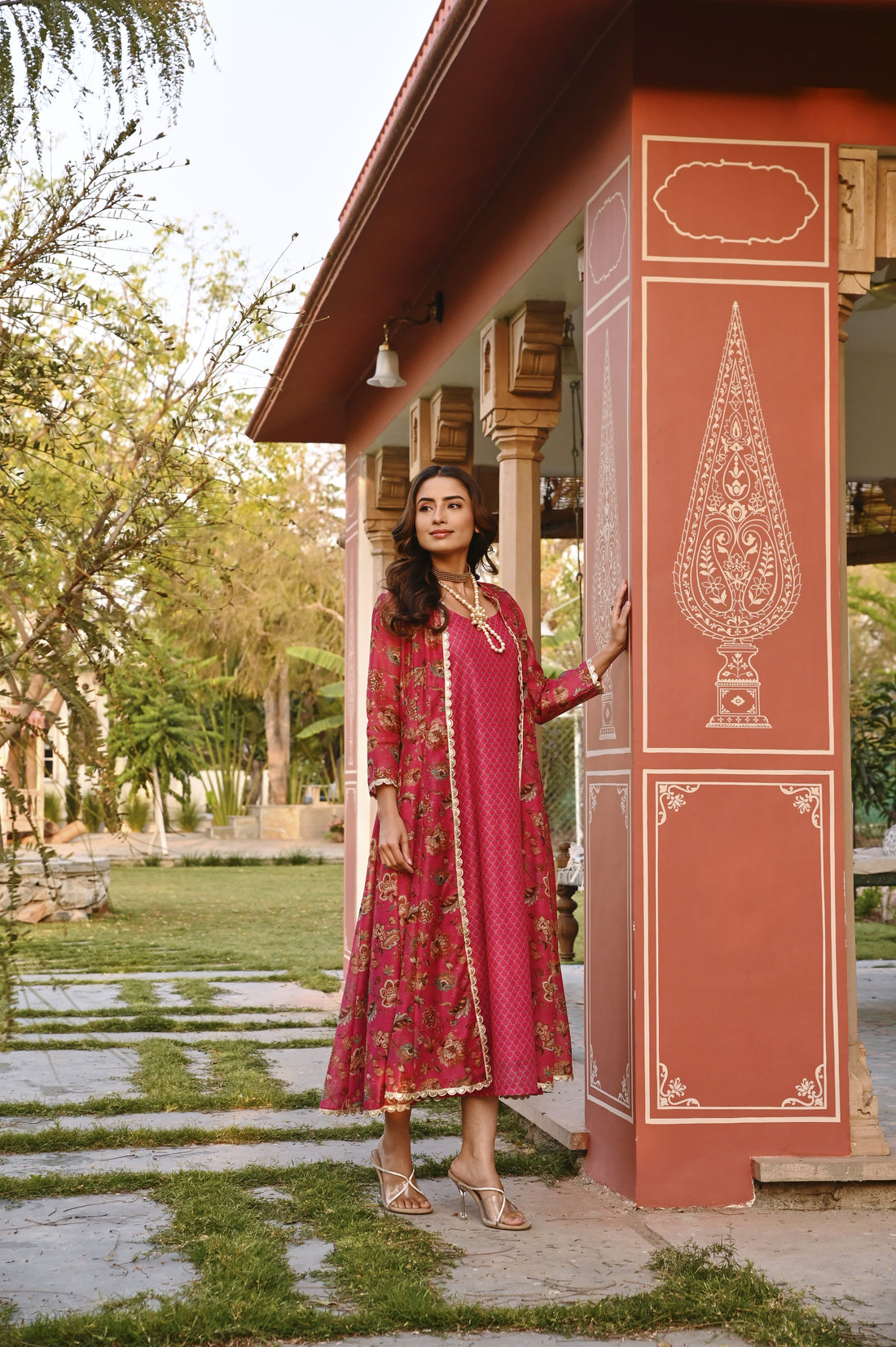 CRIMSON PINK JACKET CHANDERI DRESS
