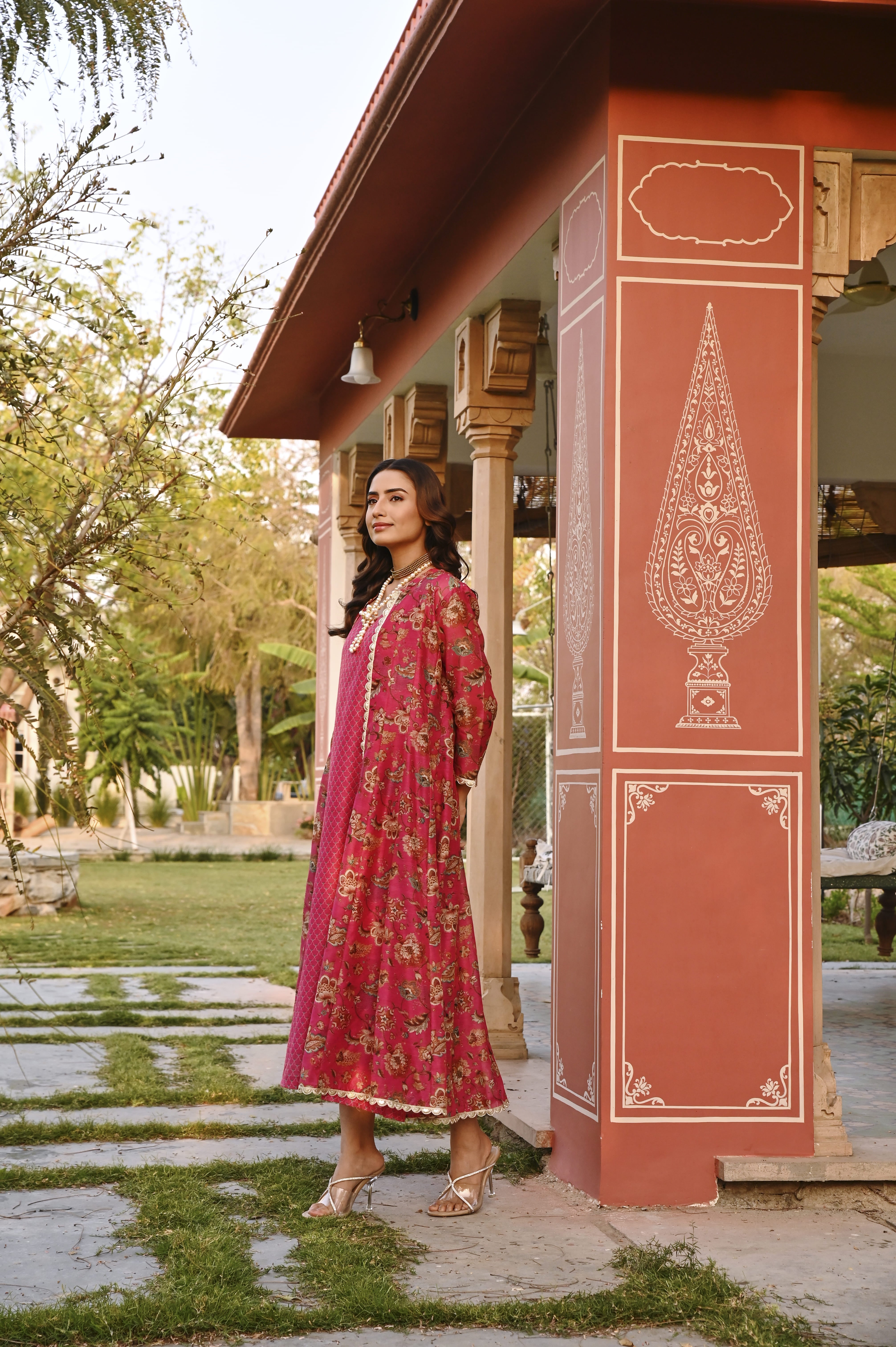 CRIMSON PINK JACKET CHANDERI DRESS