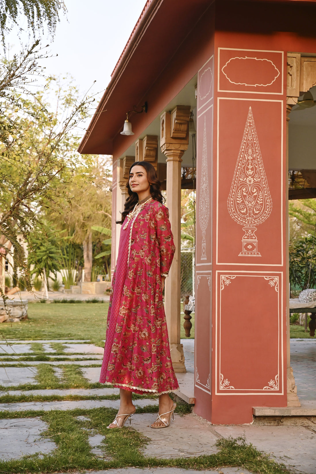CRIMSON PINK JACKET CHANDERI DRESS
