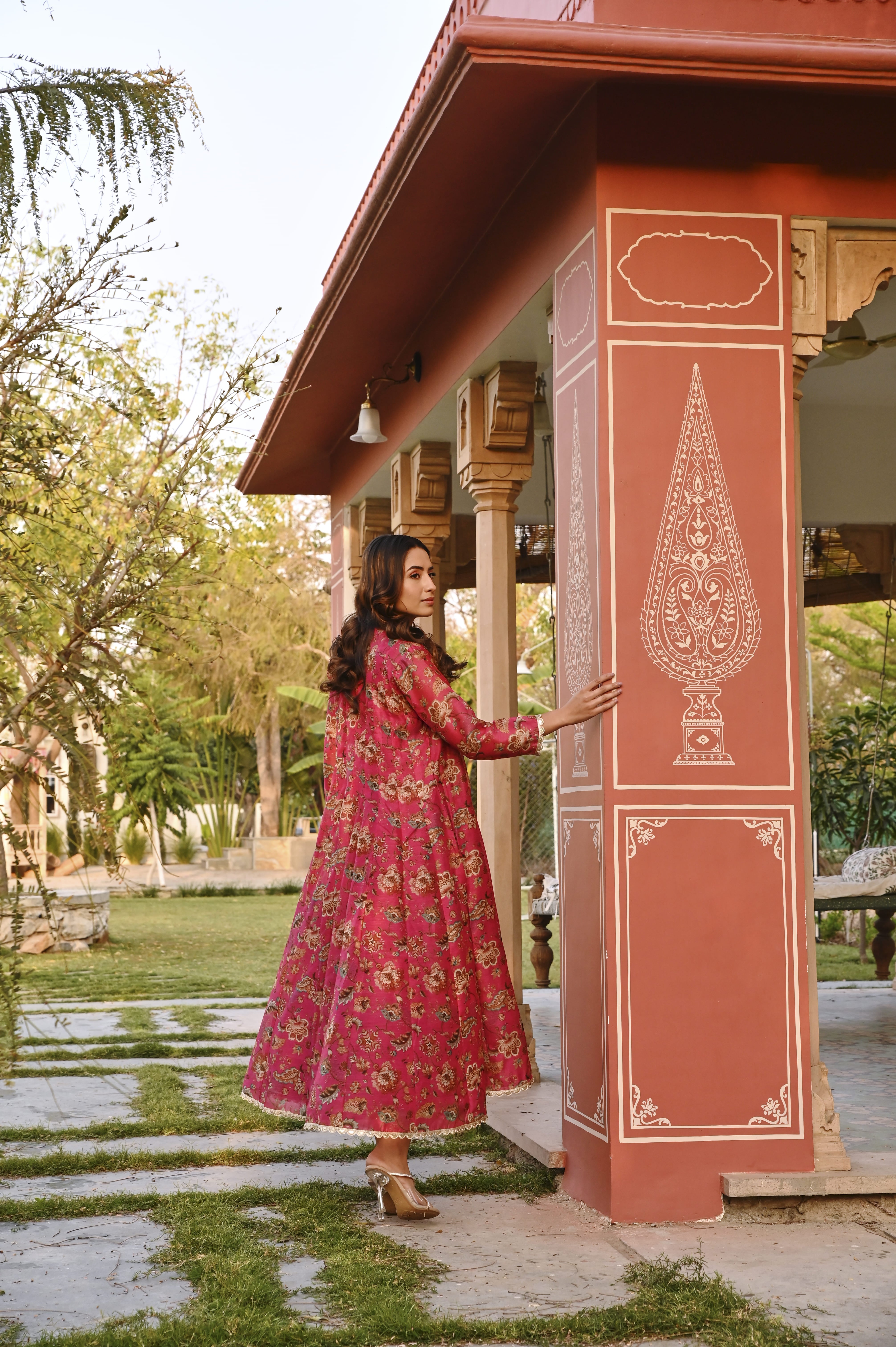 CRIMSON PINK JACKET CHANDERI DRESS