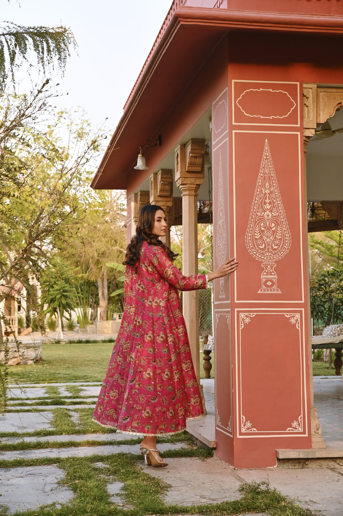 CRIMSON PINK JACKET CHANDERI DRESS