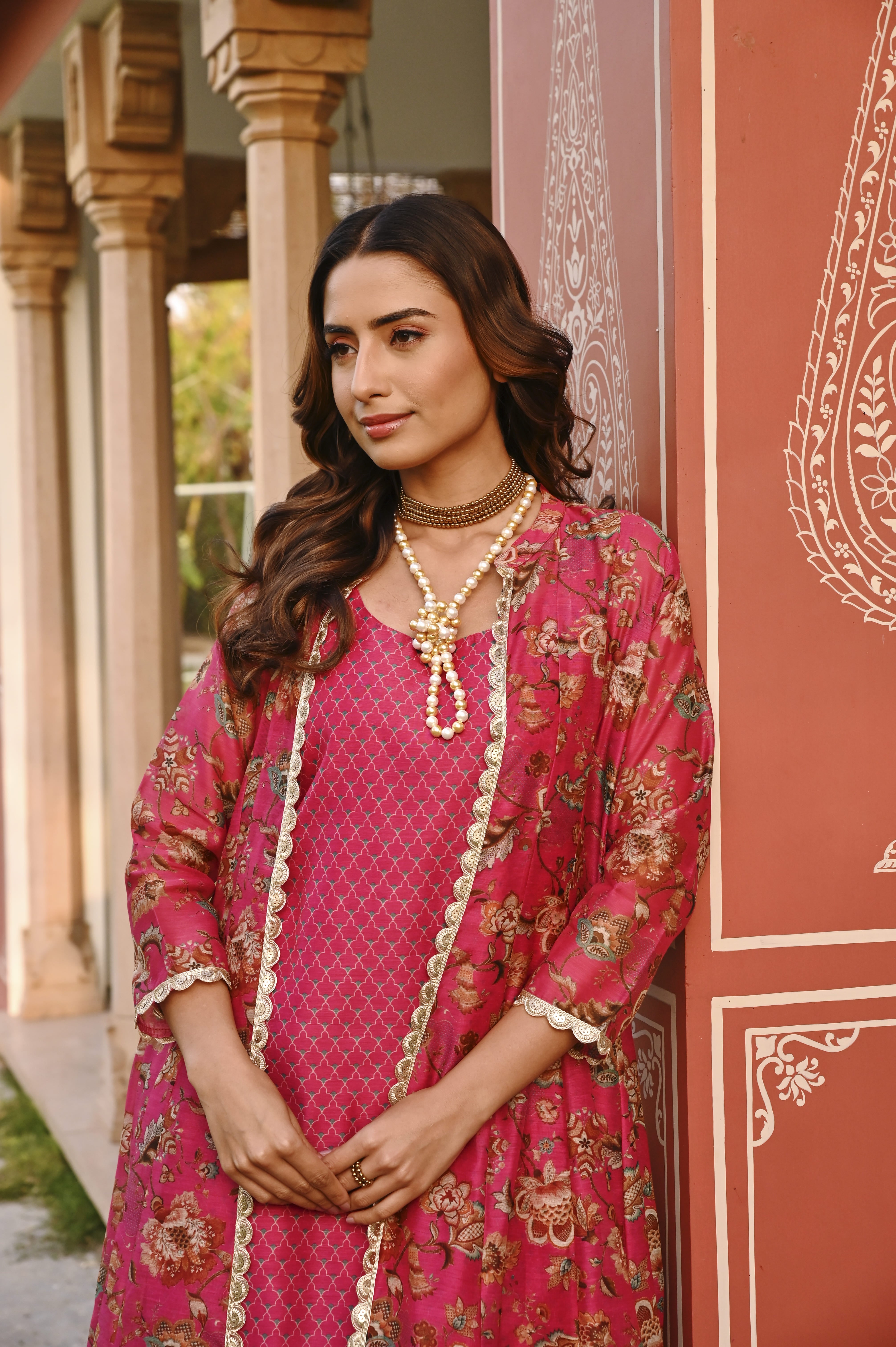 CRIMSON PINK JACKET CHANDERI DRESS