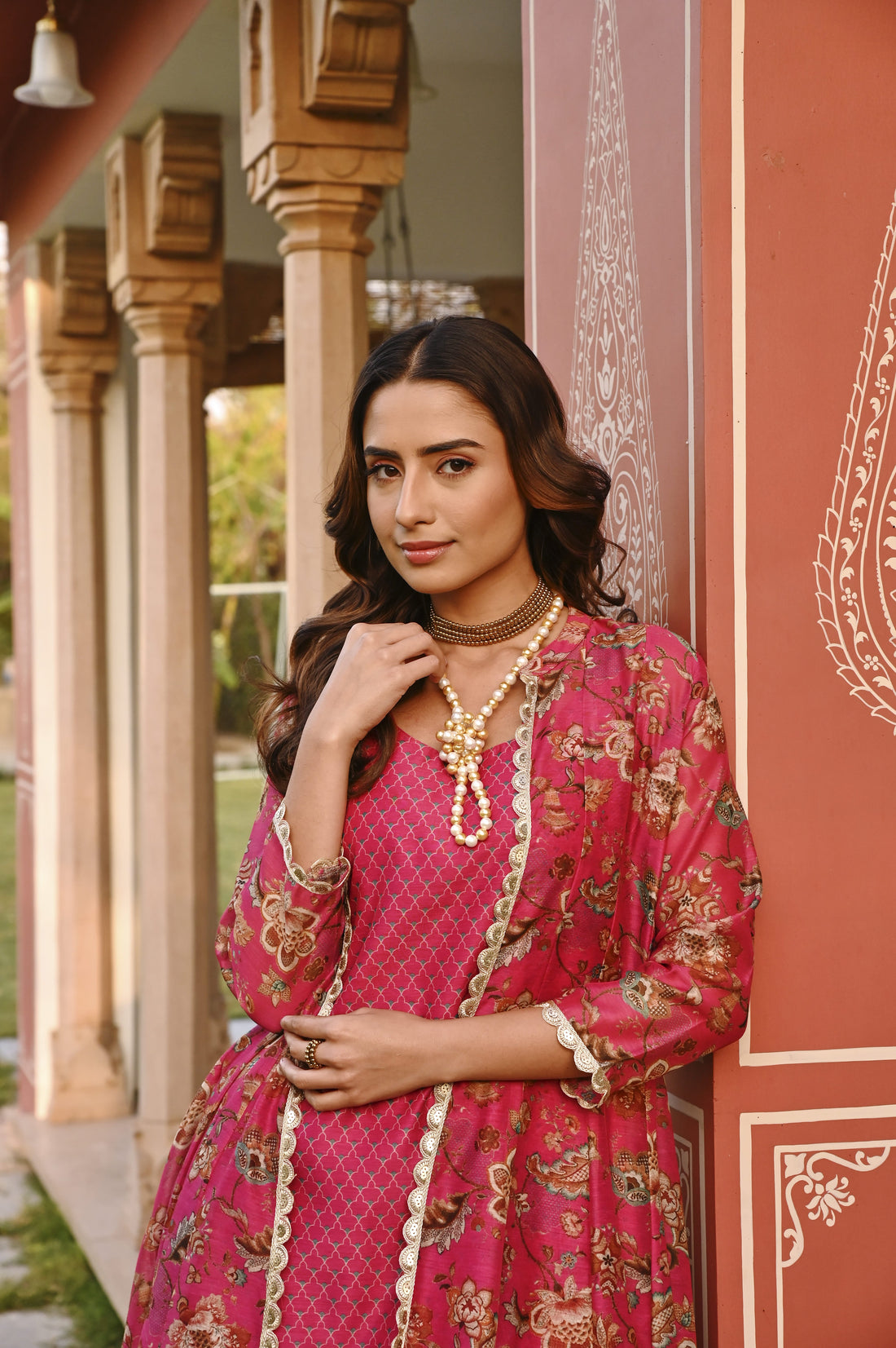 CRIMSON PINK JACKET CHANDERI DRESS