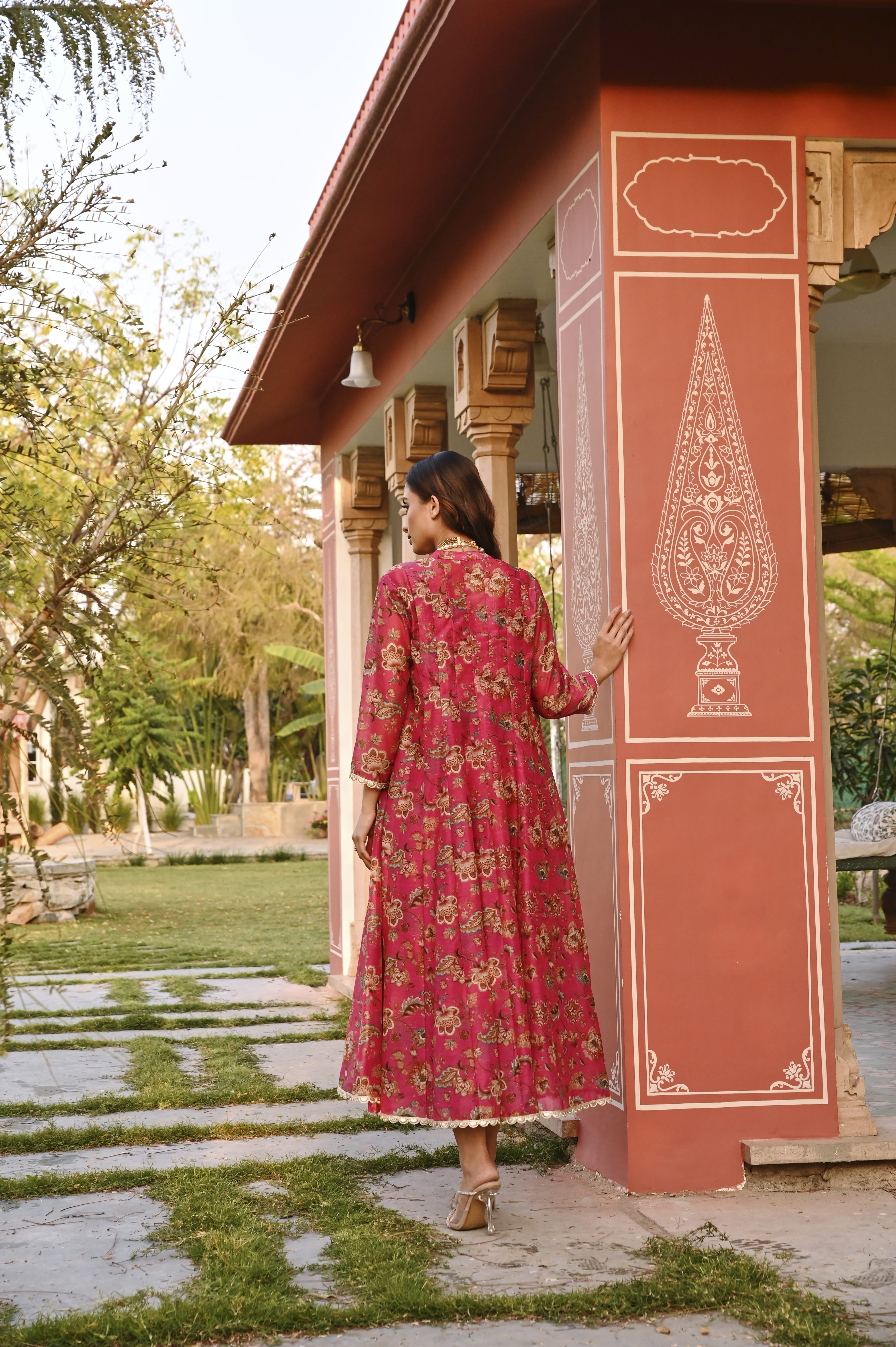 CRIMSON PINK JACKET CHANDERI DRESS