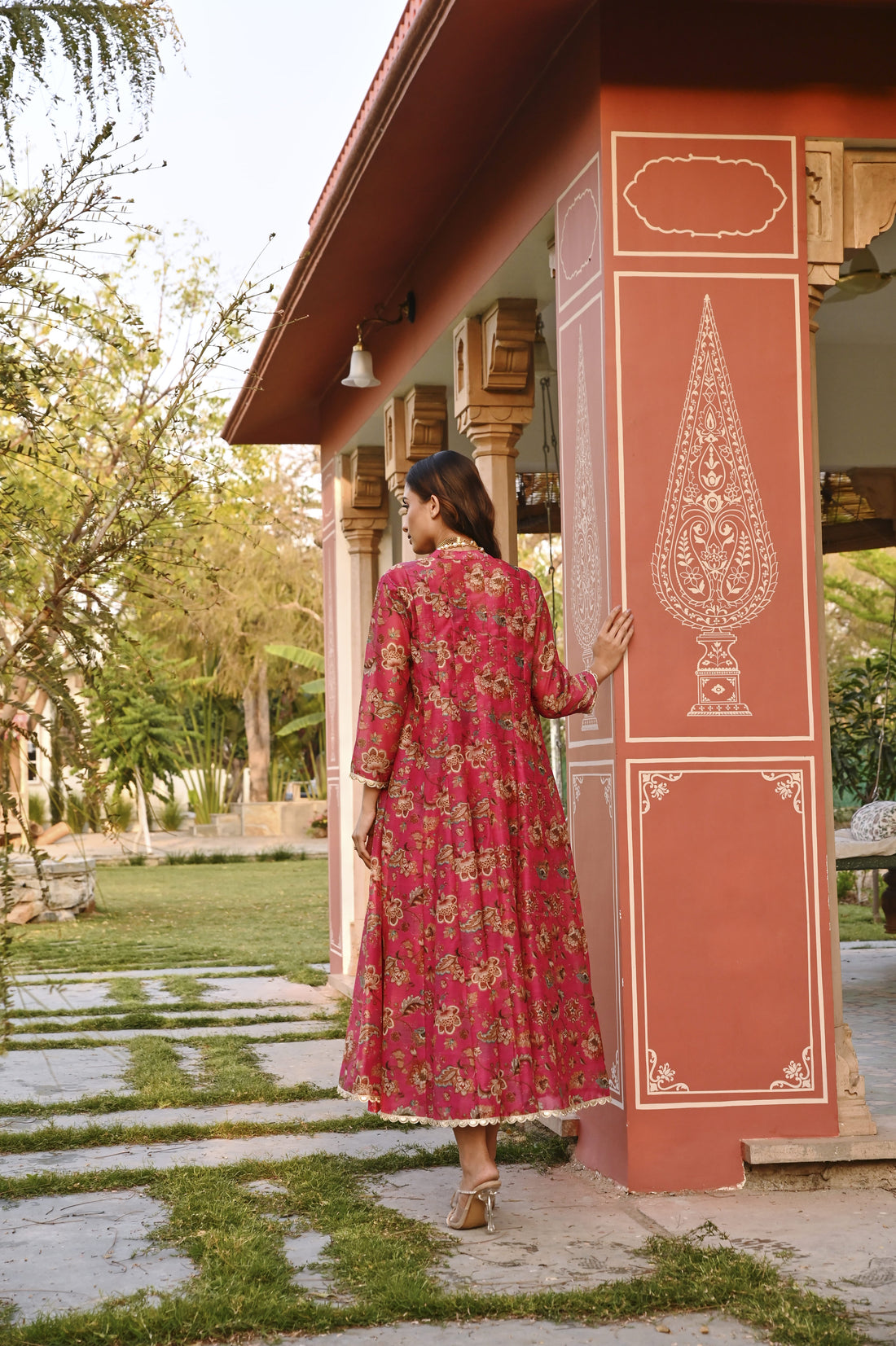 CRIMSON PINK JACKET CHANDERI DRESS