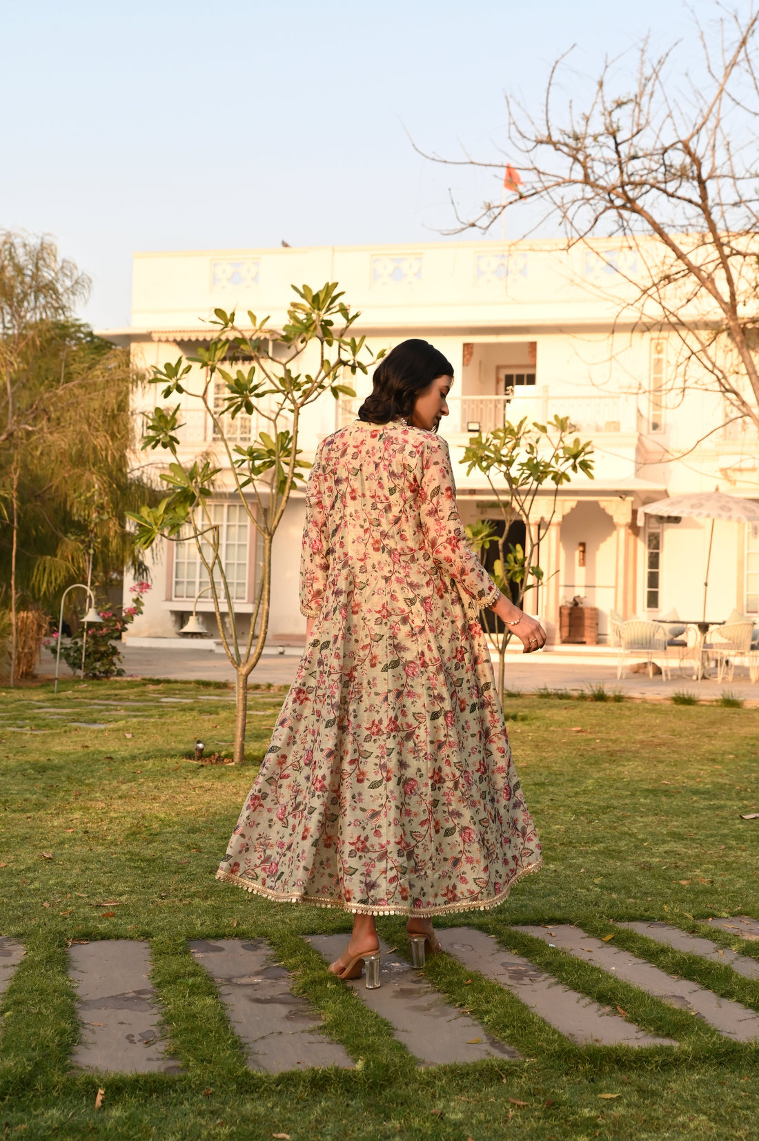PRINTED PISTA GREEN JACKET CHANDERI DRESS