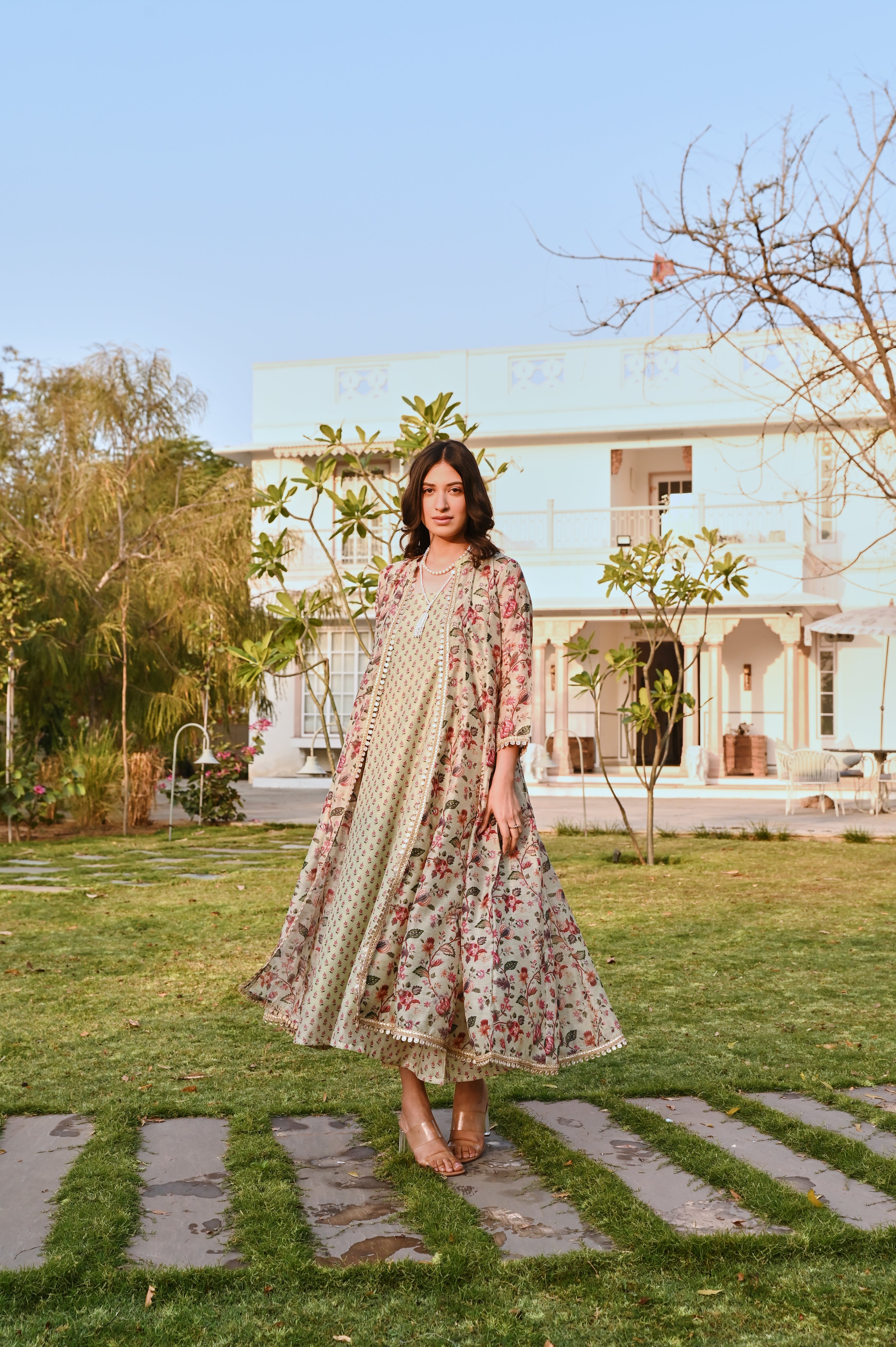 PRINTED PISTA GREEN JACKET CHANDERI DRESS