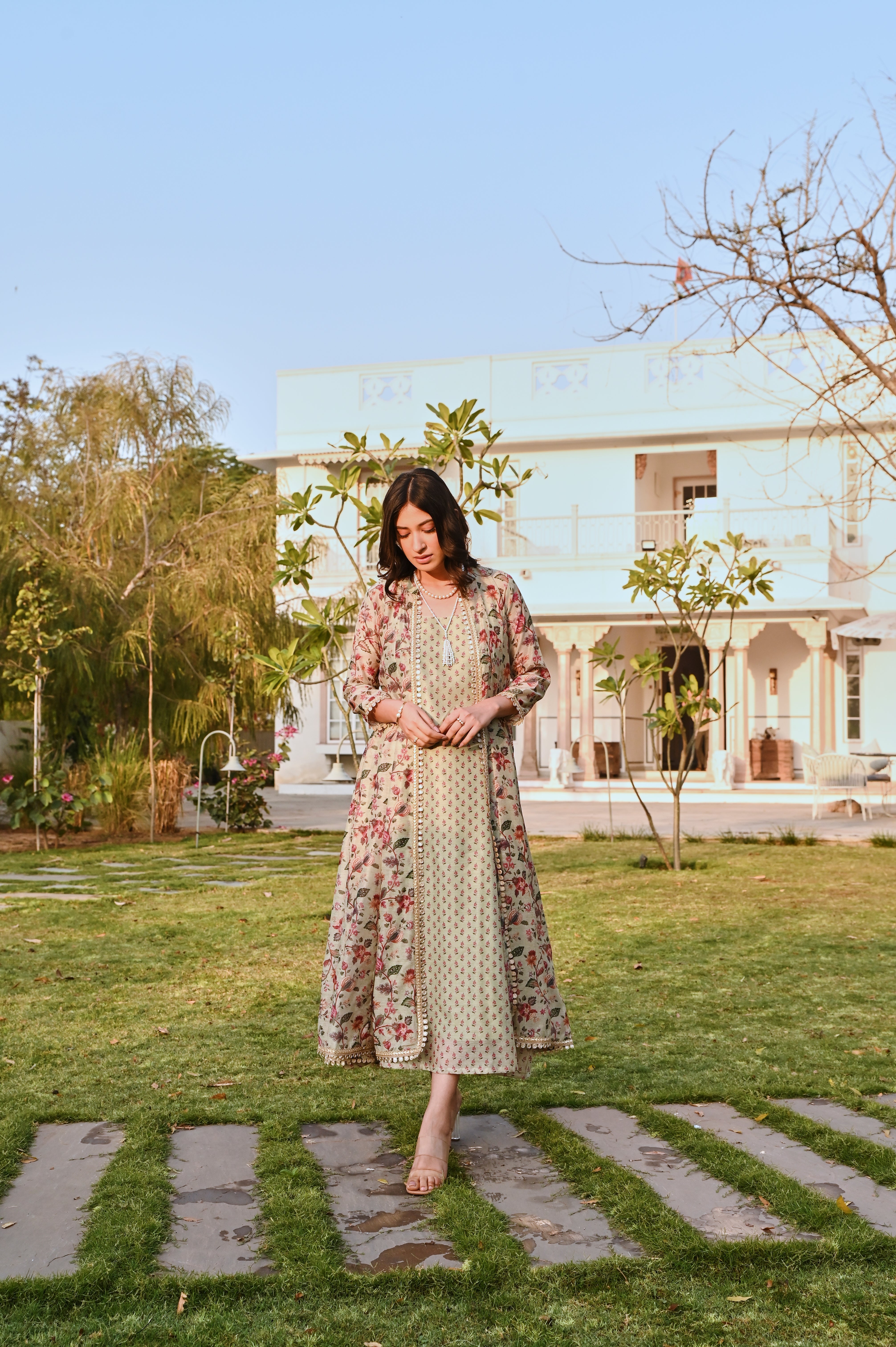 PRINTED PISTA GREEN JACKET CHANDERI DRESS