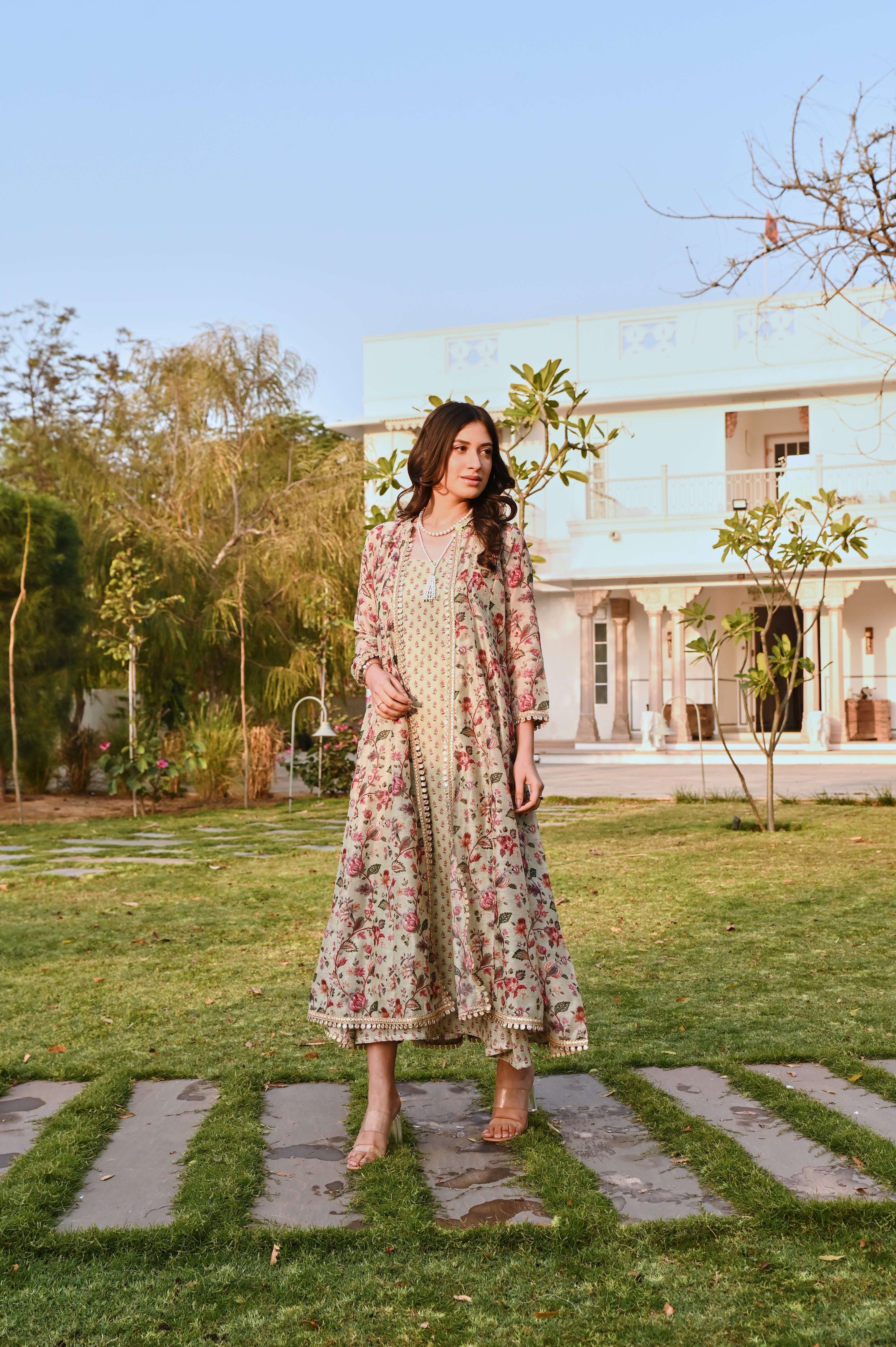 PRINTED PISTA GREEN JACKET CHANDERI DRESS
