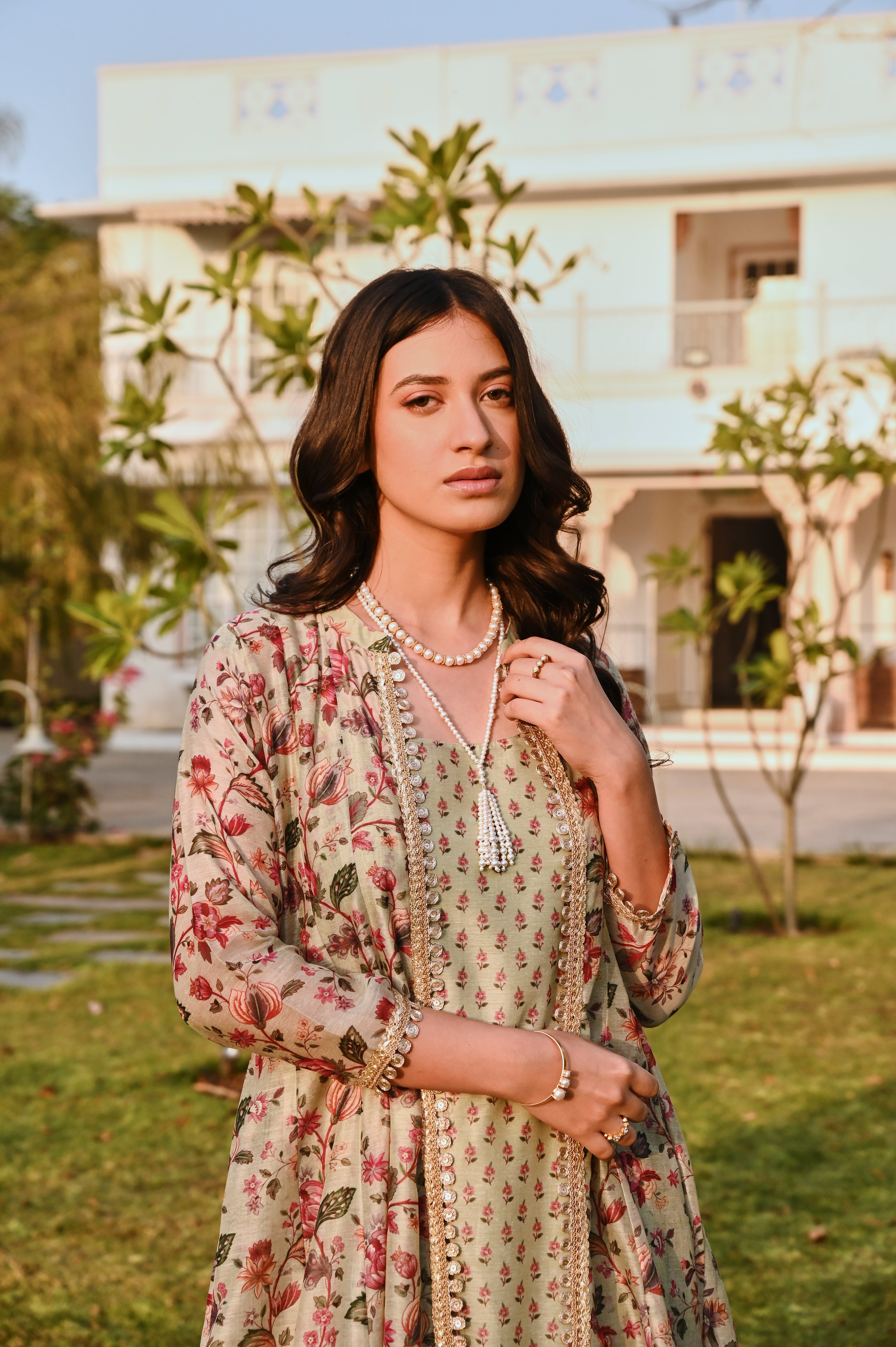 PRINTED PISTA GREEN JACKET CHANDERI DRESS